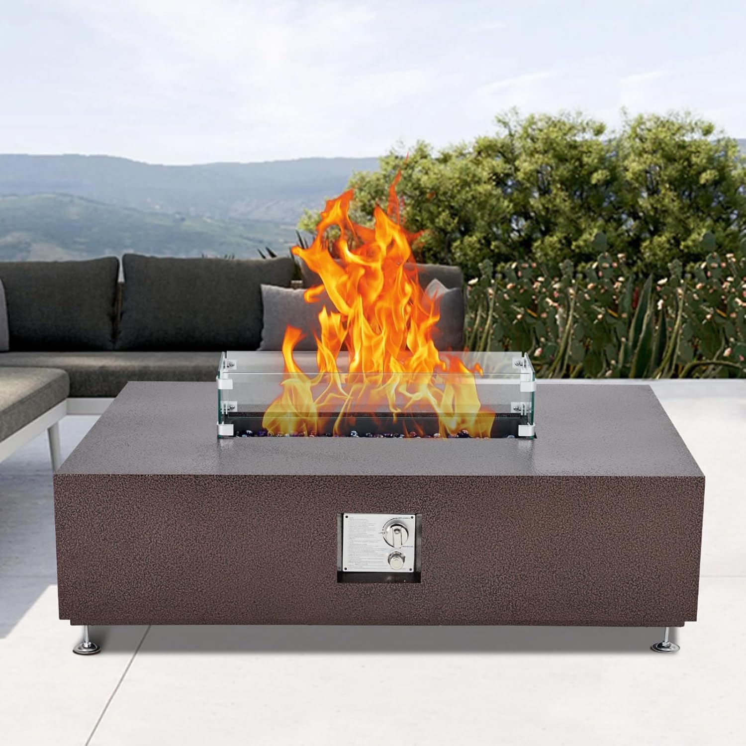 48 Inch Outdoor Propane Fire Pit Table with Piezo Ignition Dual Function Design Bronze Gold Finish for Patio Deck Garden Seating 6-8