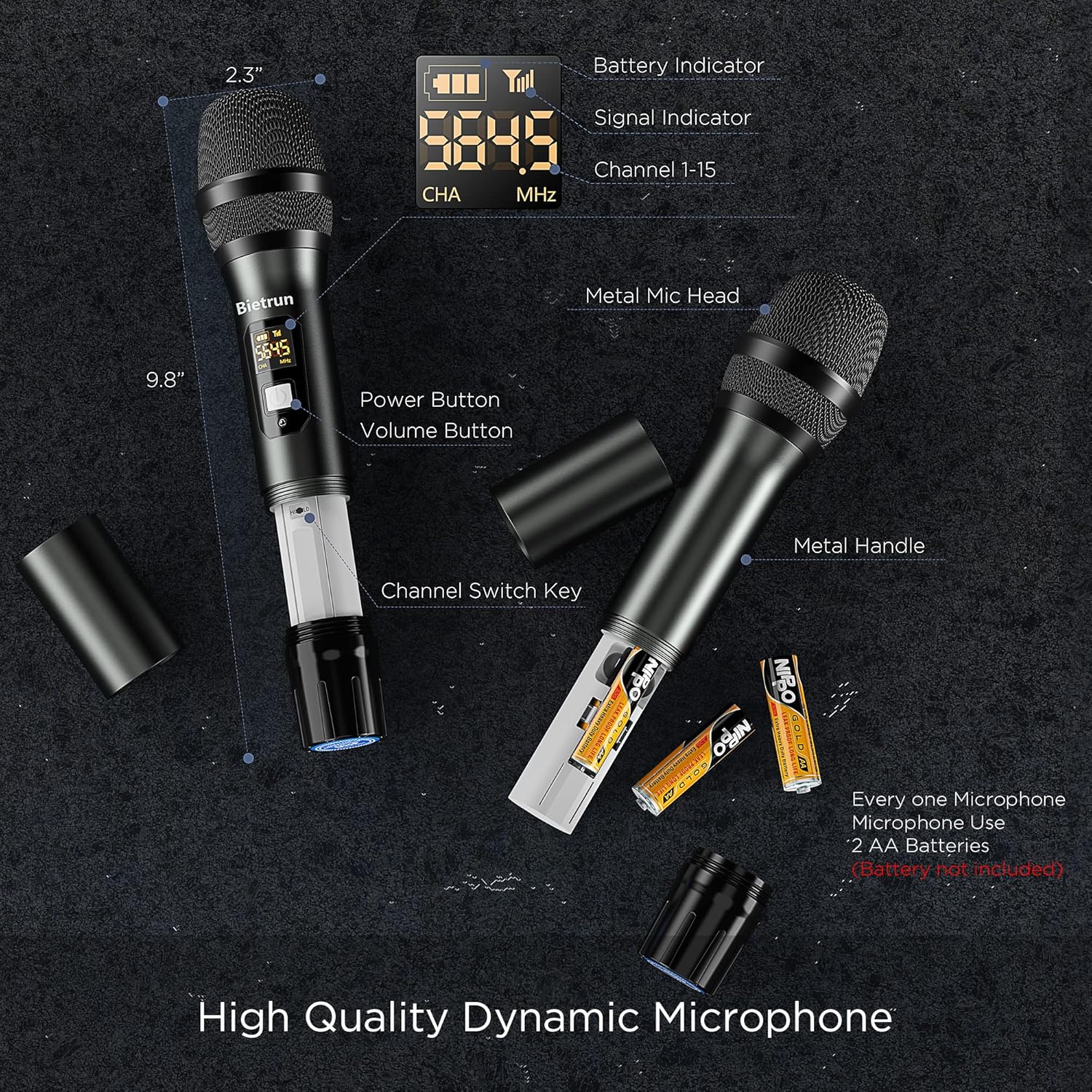 Bietrun Wireless XLR Microphone System, 165 ft Range, Professional UHF Dual Metal Cordless Dynamic Handheld Microphone with XLR Cable for Audio Mixer, Amplifier, Karaoke, Church, Speech, Wedding