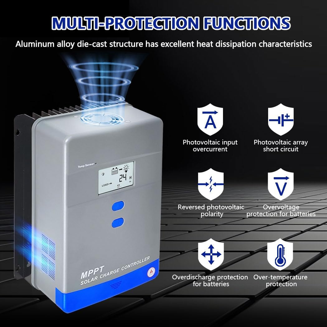 100A MPPT Solar Charge Controller 12V/24V/36V/48V Auto Battery Regulator LCD Display,MAX PV Panel Input 5200W for AGM, Gel, Flooded and Lithium Battery Charging, High-Efficiency Energy Conversion​