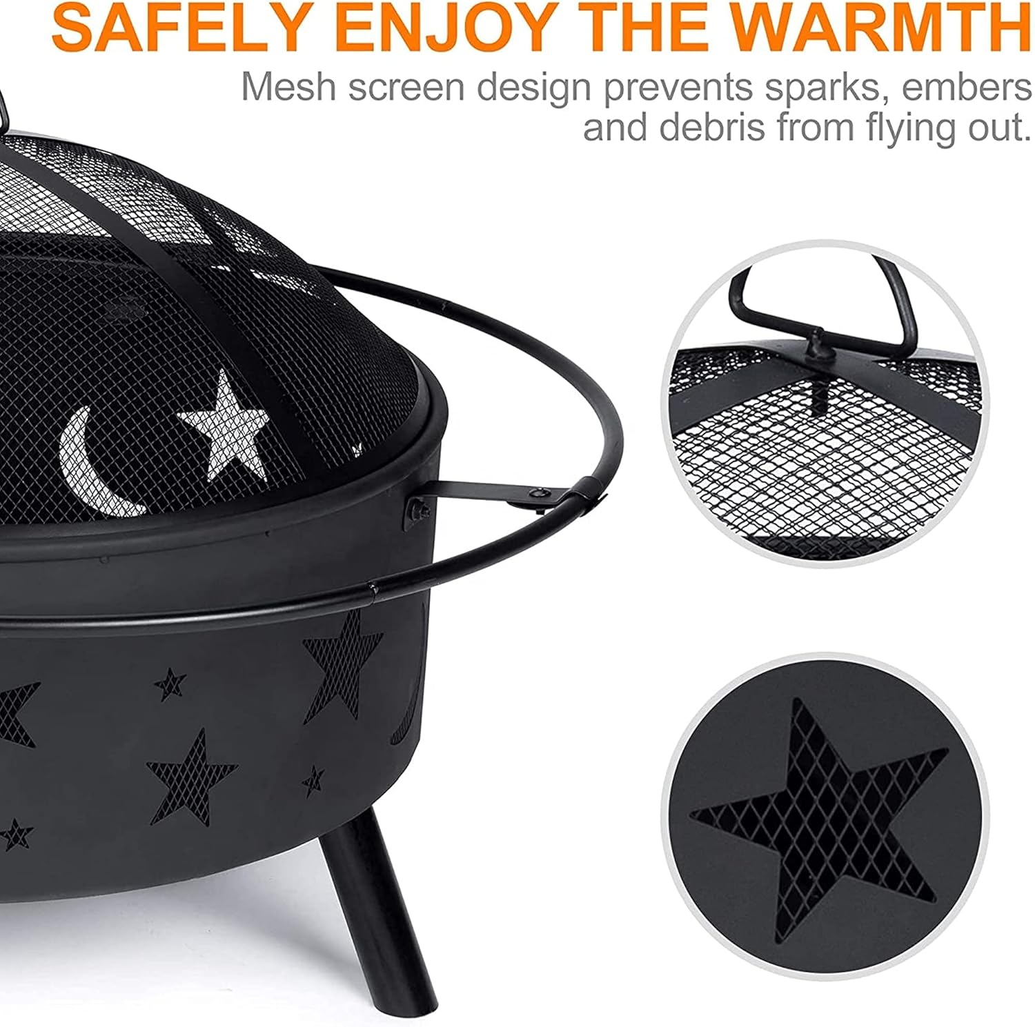 Round Outdoor Fire Pit, Large Wood Burning Fire Pit w/Spark Screen, Wrought Iron Bonfire Fire Pit for Party, BBQ, Heating, Patio, Garden