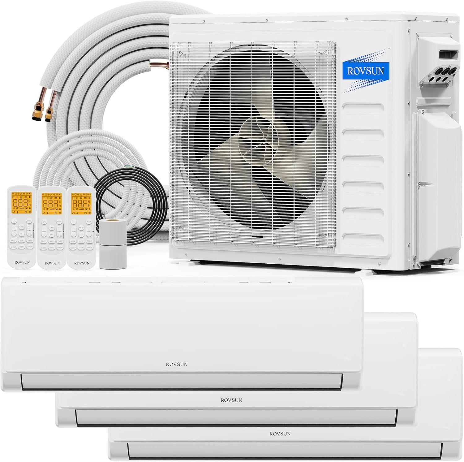 ROVSUN 3 Zone 28000 BTU (12K+12K+12K) Mini Split AC/Heating System, 20 SEER2 Tri Zone Ductless Wall Mounted Air Conditioner with Pre-Charged Condenser, Heat Pump & 25Ft Line Set, 208-230V