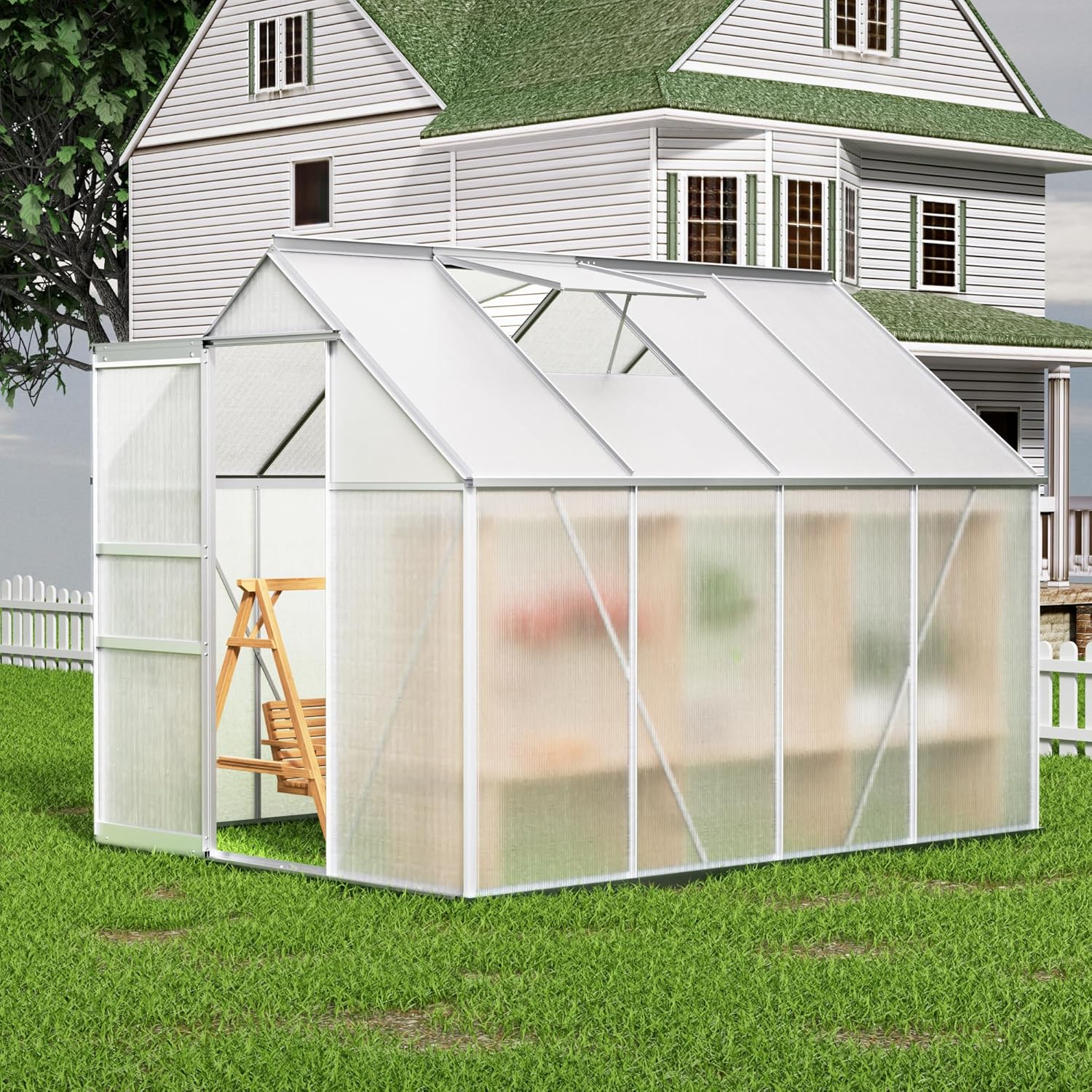 Walk-in Polycarbonate Greenhouse for Outdoors – Heavy Duty Aluminum Frame, Sliding Door & Adjustable Roof Vent – Large Green House for Backyard, Garden, and Patio