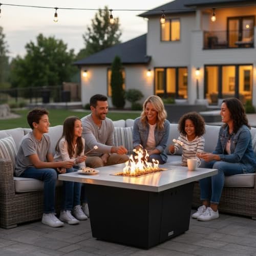 COOKE Palisades Rectangular Fire Pit Table - 44x36 - Chat Height - Propane - Brushed Aluminum Top with 3cm Edge - Grey Texture Powdercoat Base