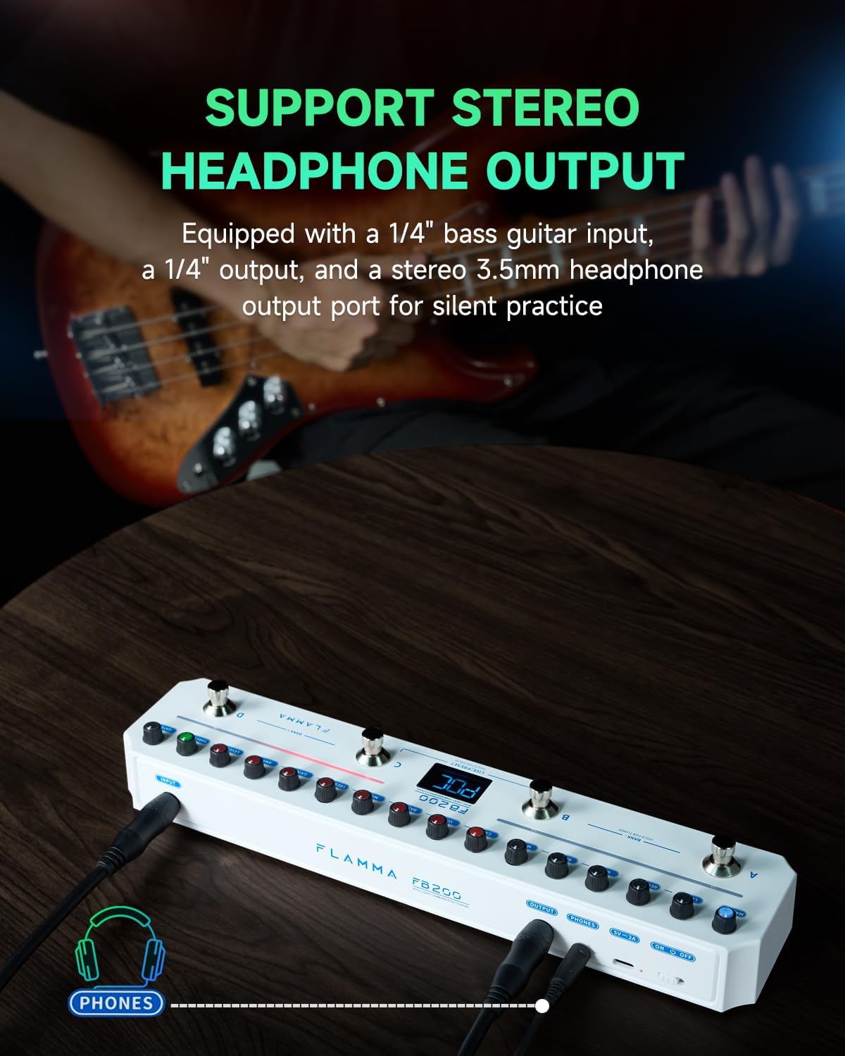 FLAMMA FB200 Bass Multi-Effects Pedal Intelligent Processor with 10 Bass-specific AMP models 10 CAB Sim 9 IR Slots 40 Drum Rhythm 40 Presets 5 Mod 5 Reverb Tuner APP Control Headphone Output