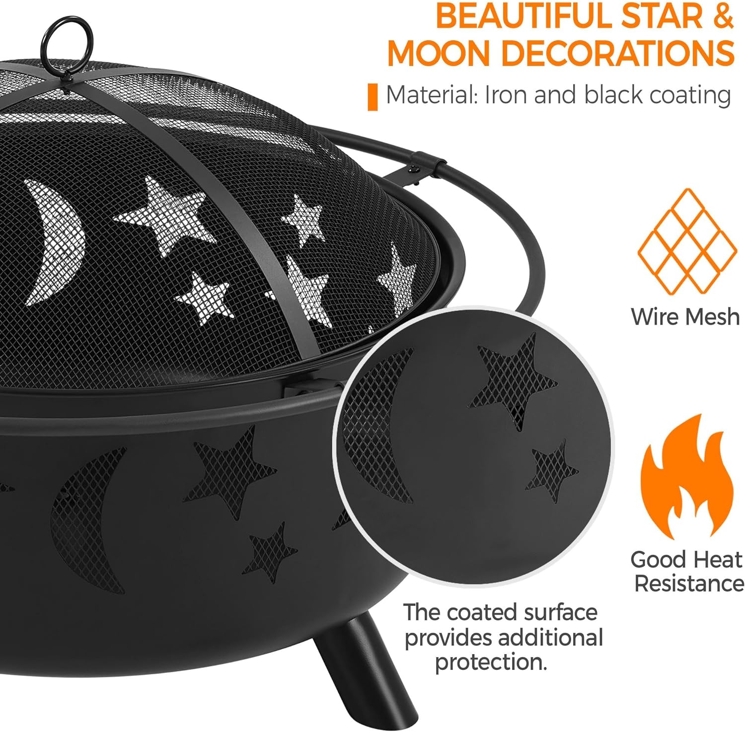 Yaheetech 30in Fire Pit Moons and Sky Stars Outdoor Fire Pit Fireplace Large Bonfire Wood Burning Firepit Bowl for Patio & Backyard with Spark Screen