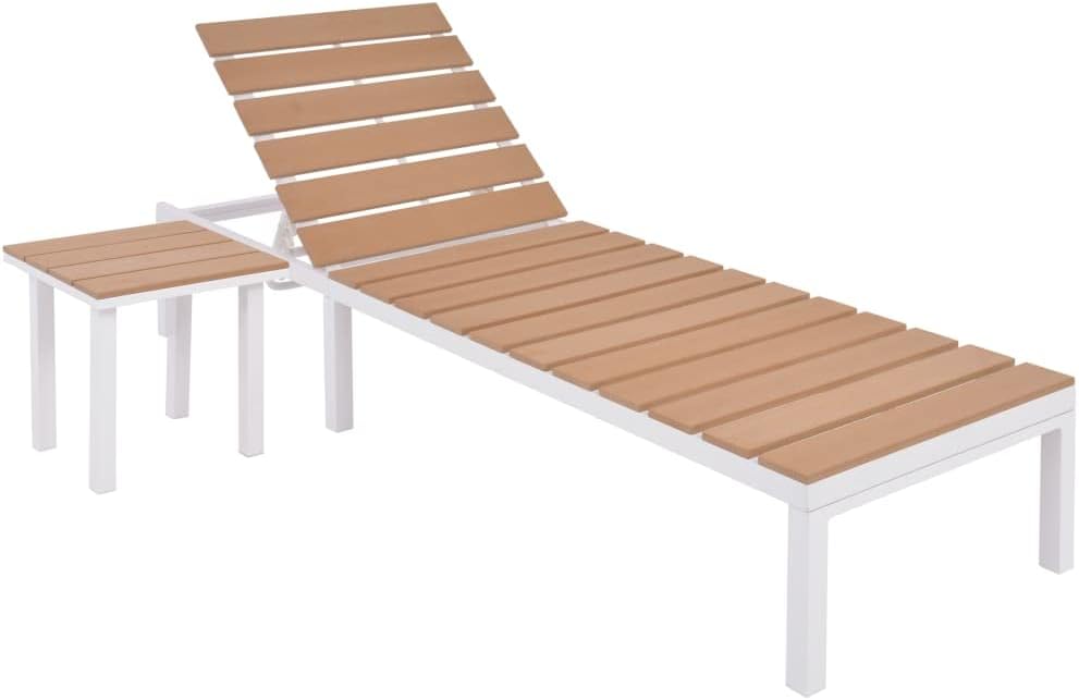 Sun Lounger with Table Aluminum WPC and Brown,Rustic Style Sunlounger with Tea Table, Aluminum Frame, WPC, 5 Adjustable Positions Sun Loungers, Chaise Lounges, Patio Furniture