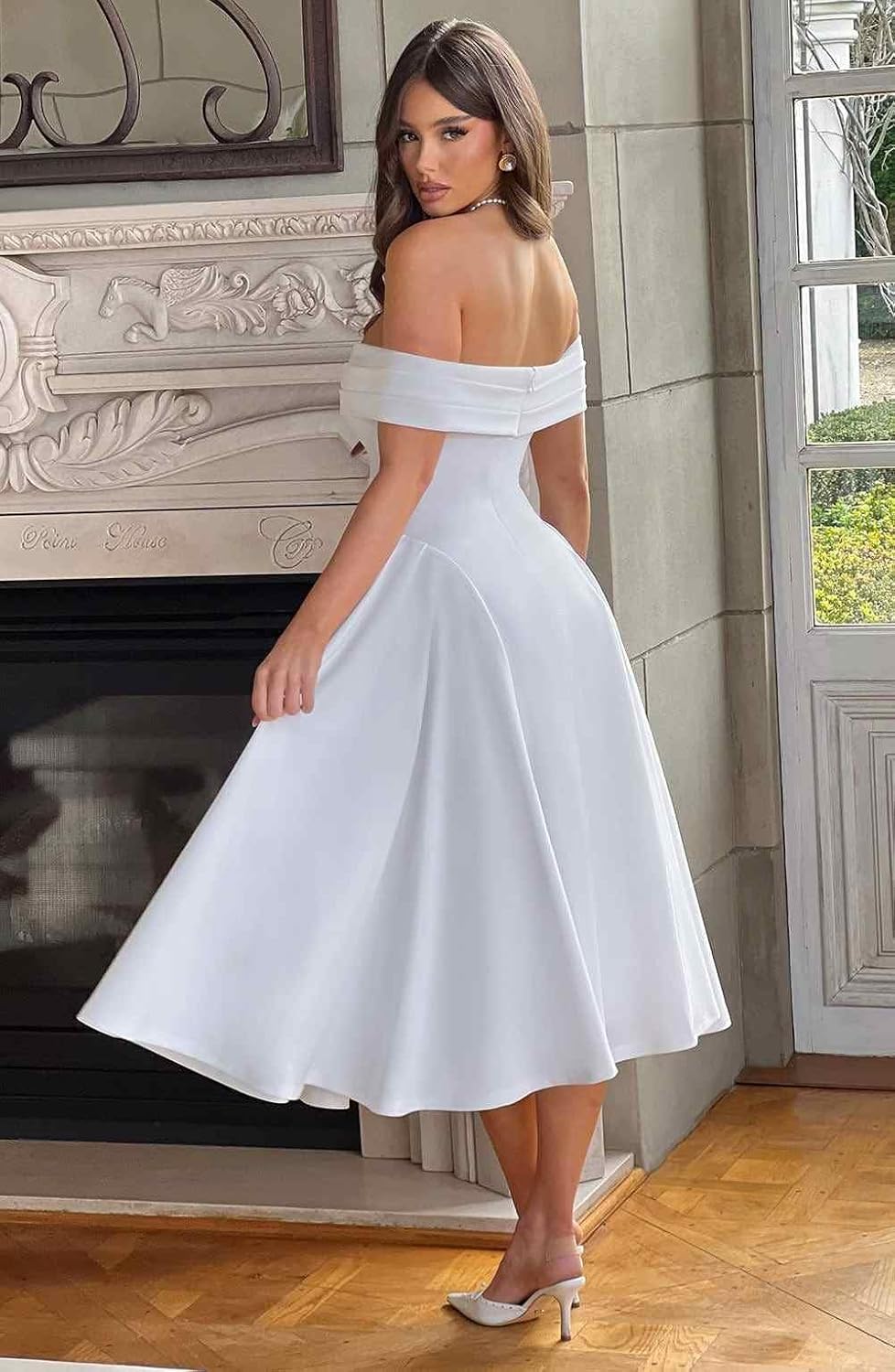 BOLENSYE Off The Shoulder Satin Bridesmaid Dresses Tea Length A Line Formal Ball Gown Midi Wedding Guest Dress