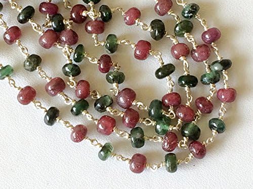 LKBEADS 5 Feet Emerald & Ruby Faceted Rondelle Beads in 925 Silver Wire Wrapped Rosary Style Chain Emerald Ruby Beaded Chain