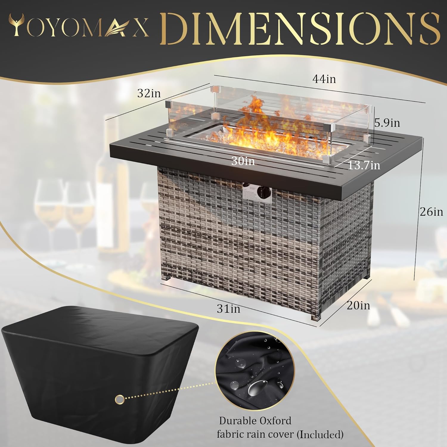 Yoyomax Hand Weave Rattan Propane Fire Pit Table 44-Inch Aluminum Tabletop and Frame, 60,000 BTU Adjustable Flame, Glass Wind & Waterproof Cover & Fire Beads, Idea for Patio, Garden, Resto Hotel