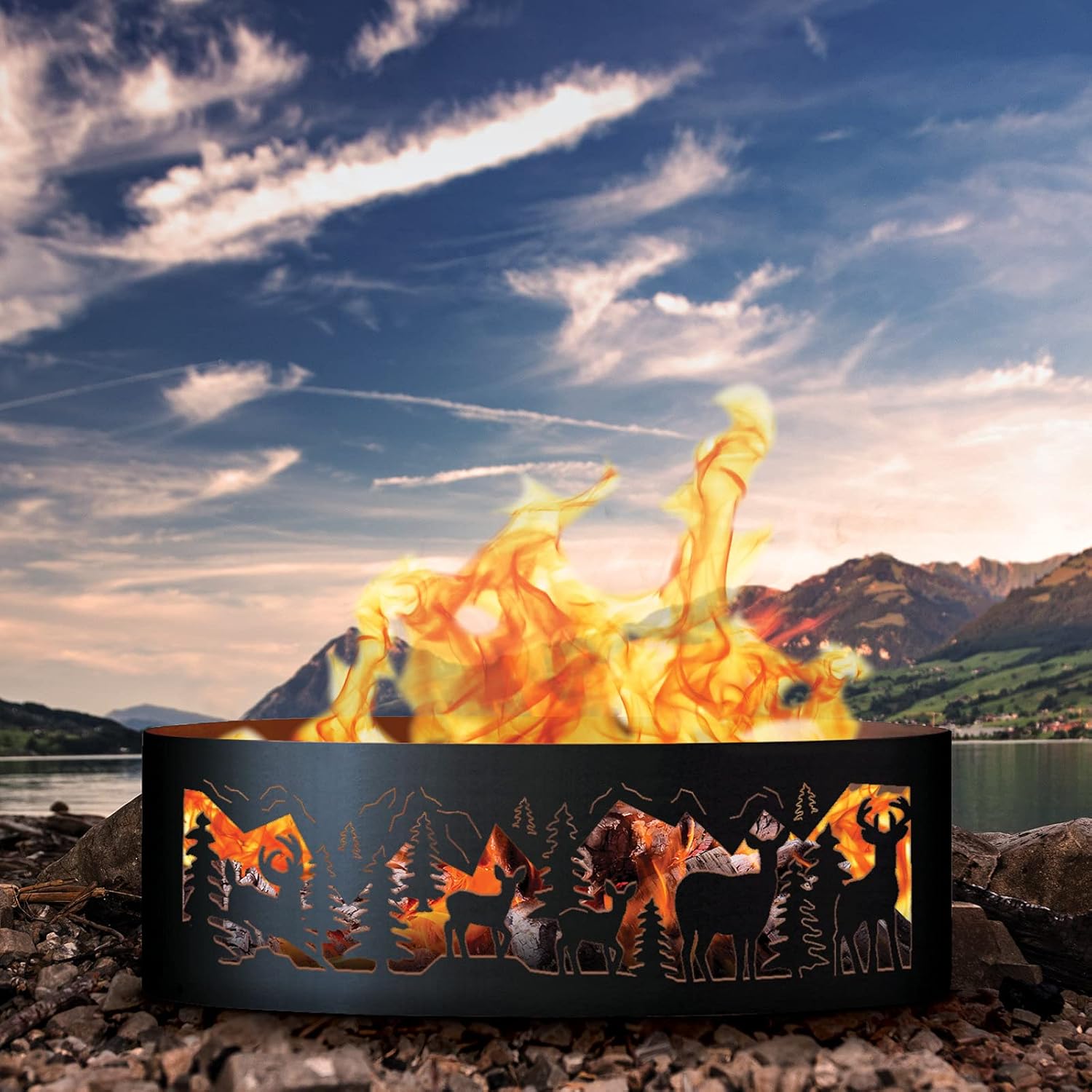 PD Metals DMR00430-FP Whitetail Unpainted 12 in. Tall 30 in. Diameter Outdoor Fire Ring with Fire Poker - 30 x 30 x 12 in. - Rustic Black Color