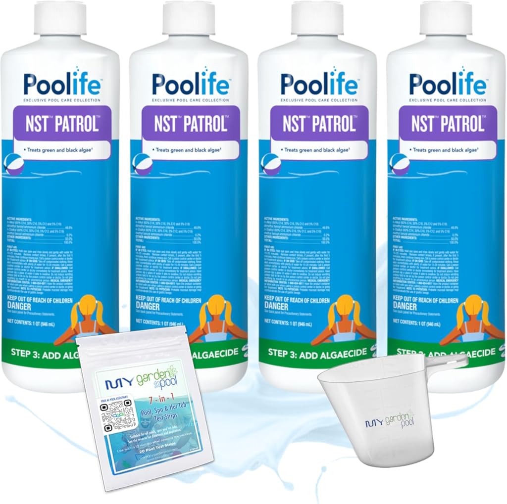 Poolife NST Patrol – Fast-Acting Algaecide with 50% Quat for Green & Black Algae Control – Low-Dosing Weekly Formula – Includes 7-in-1 Test Strips, Measuring Cup & Pool-IQ AI Assistant 4 Pack