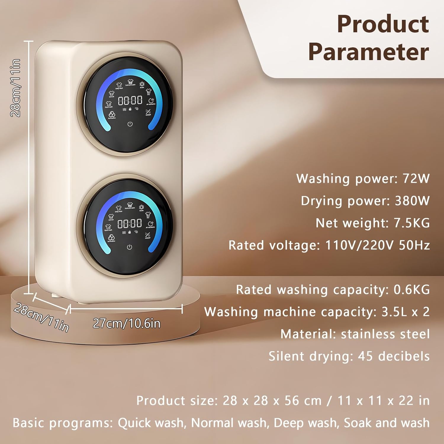 BANGBANGJI Smart Double Tube Mini Washing Machine, 3.5Lx2 Portable Washing Machine, with LED Display, Each Bucket Washing Capacity 0.3kg, Stainless Steel Drum for Dorms, Apartments, RVs Desktop