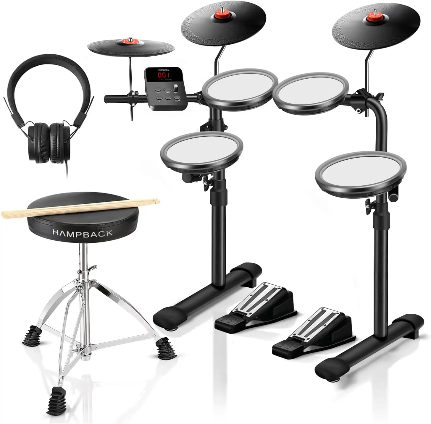 MK-0 Electric Drum Set with 7'' Quiet Mesh Drum Pads, 8'' Full Rubber Cymbals, 12 Kits and 68 Authentic Sounds, USB MIDI, Throne, Sticks, Headphone, 2 Switch Pedals for Beginners & Kids