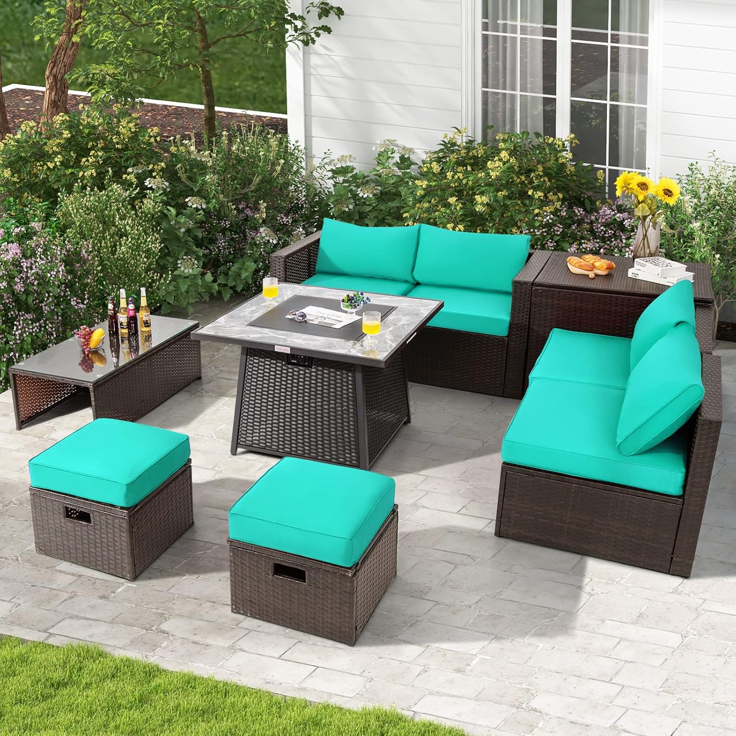 COSTWAY 9 Piece Patio Furniture Set with 35'' Fire Pit Table, Outdoor Wicker Rattan Sectional Sofa Set with 4'' Thickened Cushions, 2 Coffee Tables and 2 Ottomans for Poolside Backyard (Turquoise)