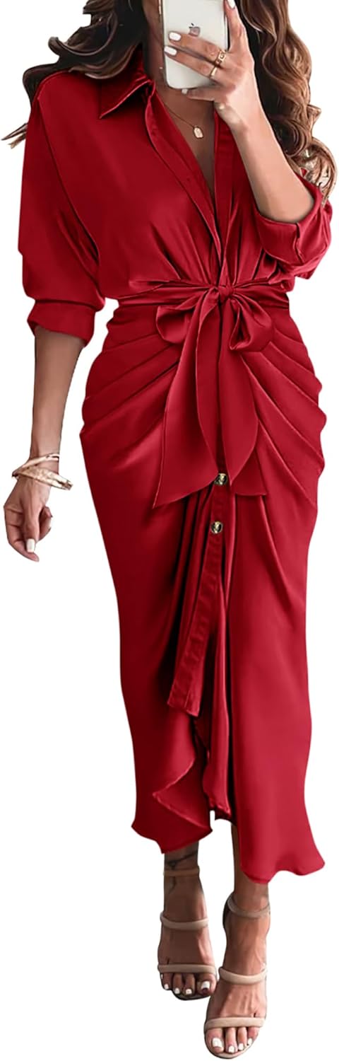 BTFBM Summer Dresses for Women 2026 Long Sleeve Lapel V Neck Button Down Elegant Belted Ruched Satin Shirt Spring Dress