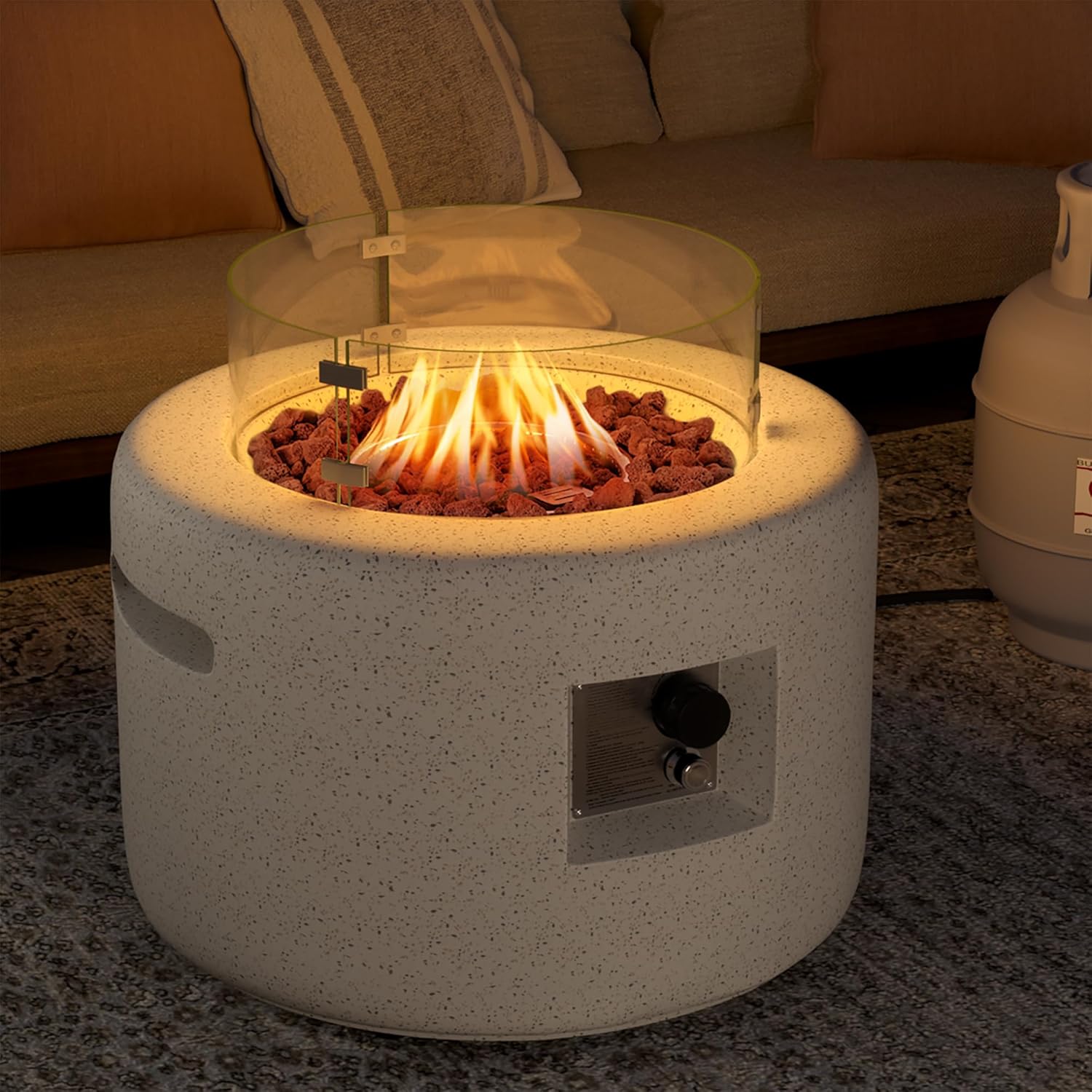 SUNBURY Outdoor Propane Fire Pit Table, 26 Inch Small Patio Gas Fire Table 50,000 BTU Column Fire Pit for Outside in Spotted White w Glass Wind Guard, Lava Rocks