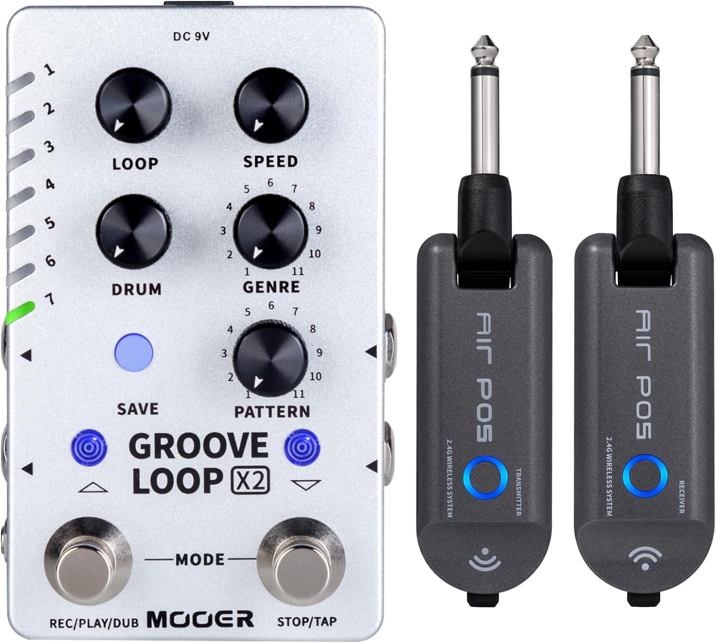 MOOER Groove Looper X2 Stereo Drum Machine Looper Pedal supports external footswitches with Air P05 Guitar Wireless System