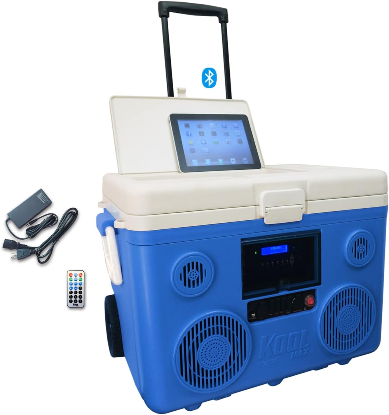 KoolMAX Cooler with Bluetooth Speaker System, 350W Boombox, 40 Qt Cooler, Rechargeable, USB 12V Car Cigarette Lighter Power Station, Guitar Amplifier, Radio, PA Machine, Karaoke, Blue