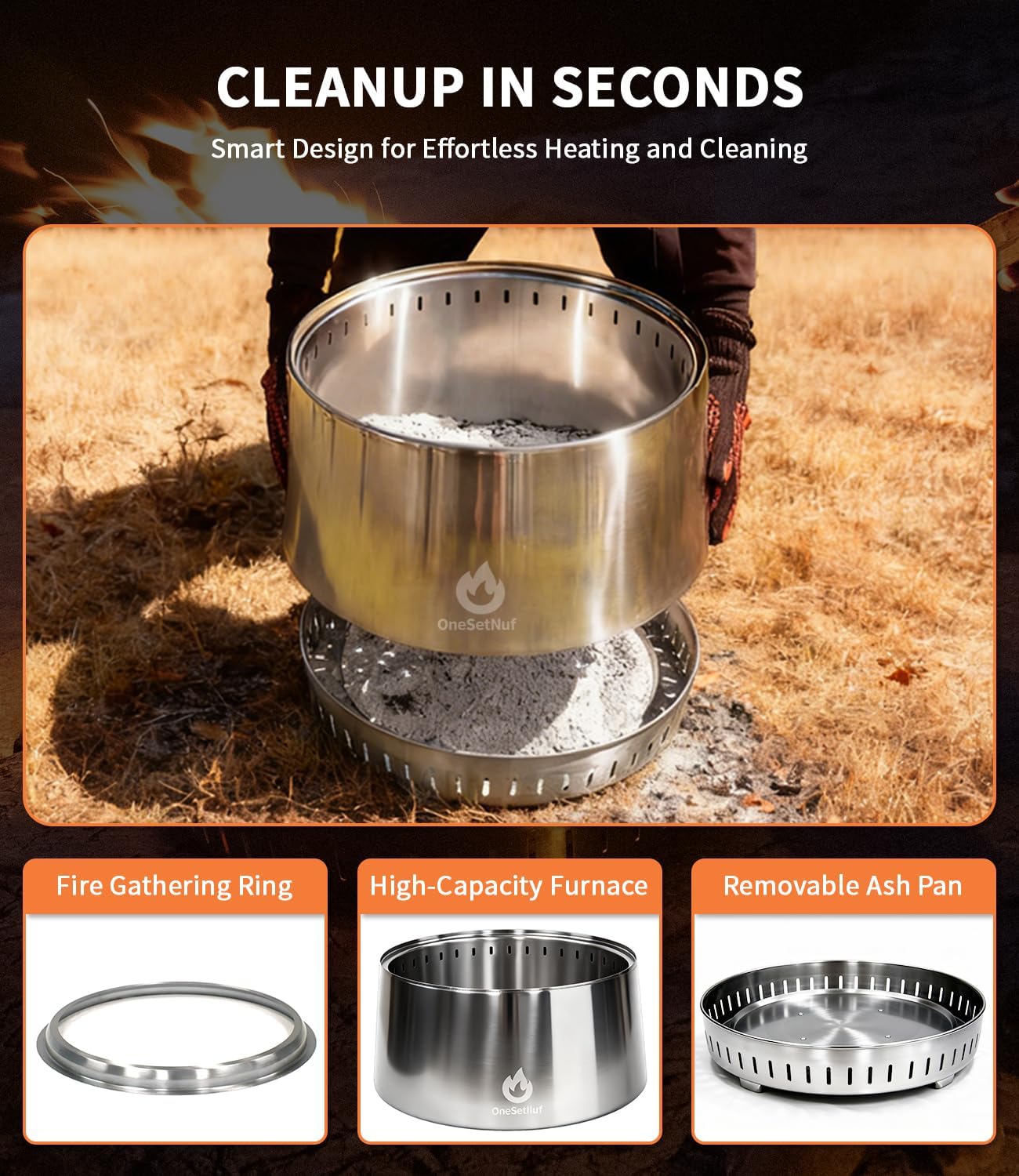 21 Inch Smokeless Fire Pit, for Outdoor Patio & Backyard, Dual Airflow Secondary Combustion, Stainless Steel Firepit with Detachable Ash Pan, Clean Burn, Portable for Camping & Gatherings