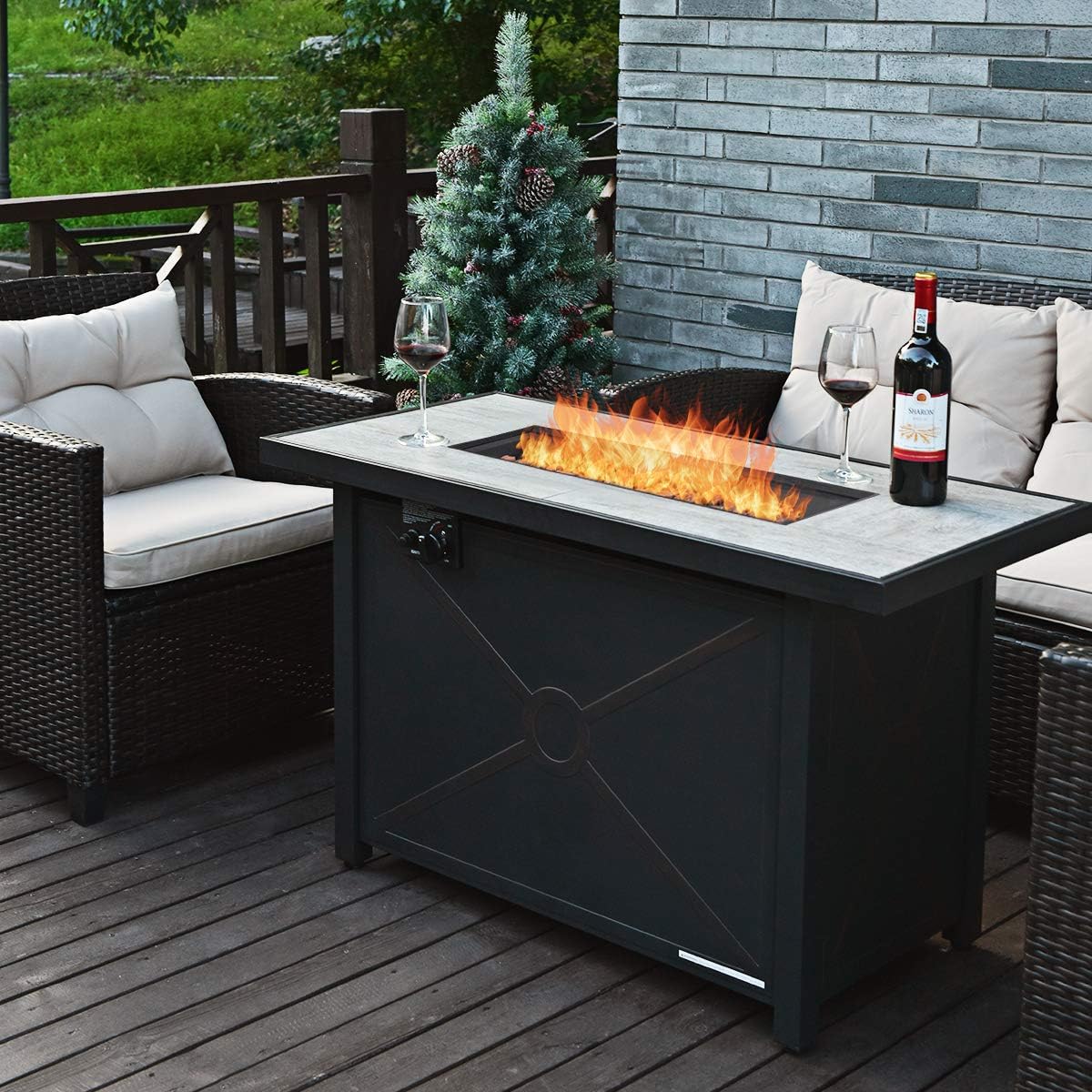 42-Inch Fire Table Outdoor, 60,000 BTU Propane Gas Fire Pit Table with Ceramic Tiles Tabletop, Lid, Lava Rock, Electric Igniter & Hideaway Tank Holder, Fire Pit for Outside, Garden(Black)