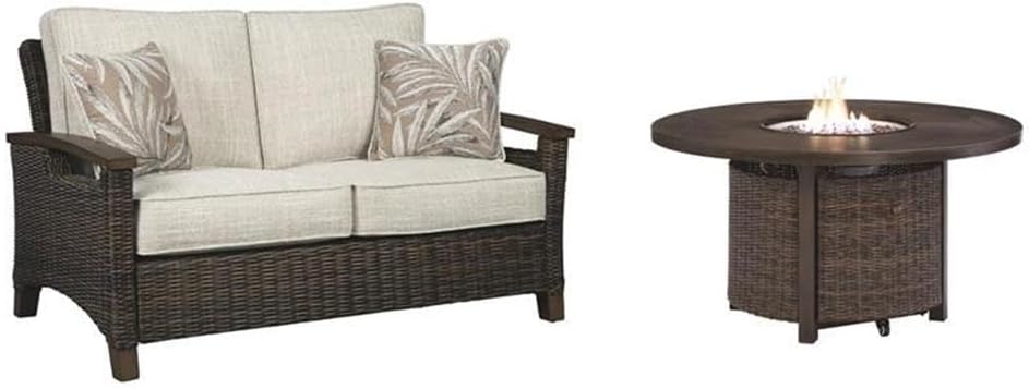 Home Square Set of 2 Patio Round Fire Pit Table and Loveseat in Medium Brown