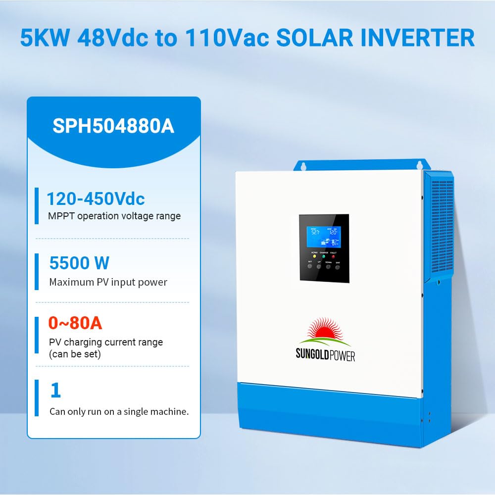 SUNGOLDPOWER 5000W DC 48V All in One Solar Inverter, 80A MPPT Solar Charger and 40A AC Charger, 120V AC Output Pure Sine Wave Inverter for Backup, Off-Grid System (CAN NOT Parallel)