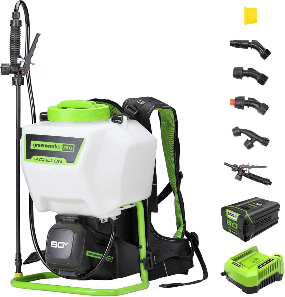 Greenworks 80V Backpack Sprayer 4 Gallon,Battery Powered Backpack Sprayer Kit for Weeding, Spraying, Pest Control, 2Ah Battery and Charger Included, Green, 80V Sprayer Kit (2.0Ah)