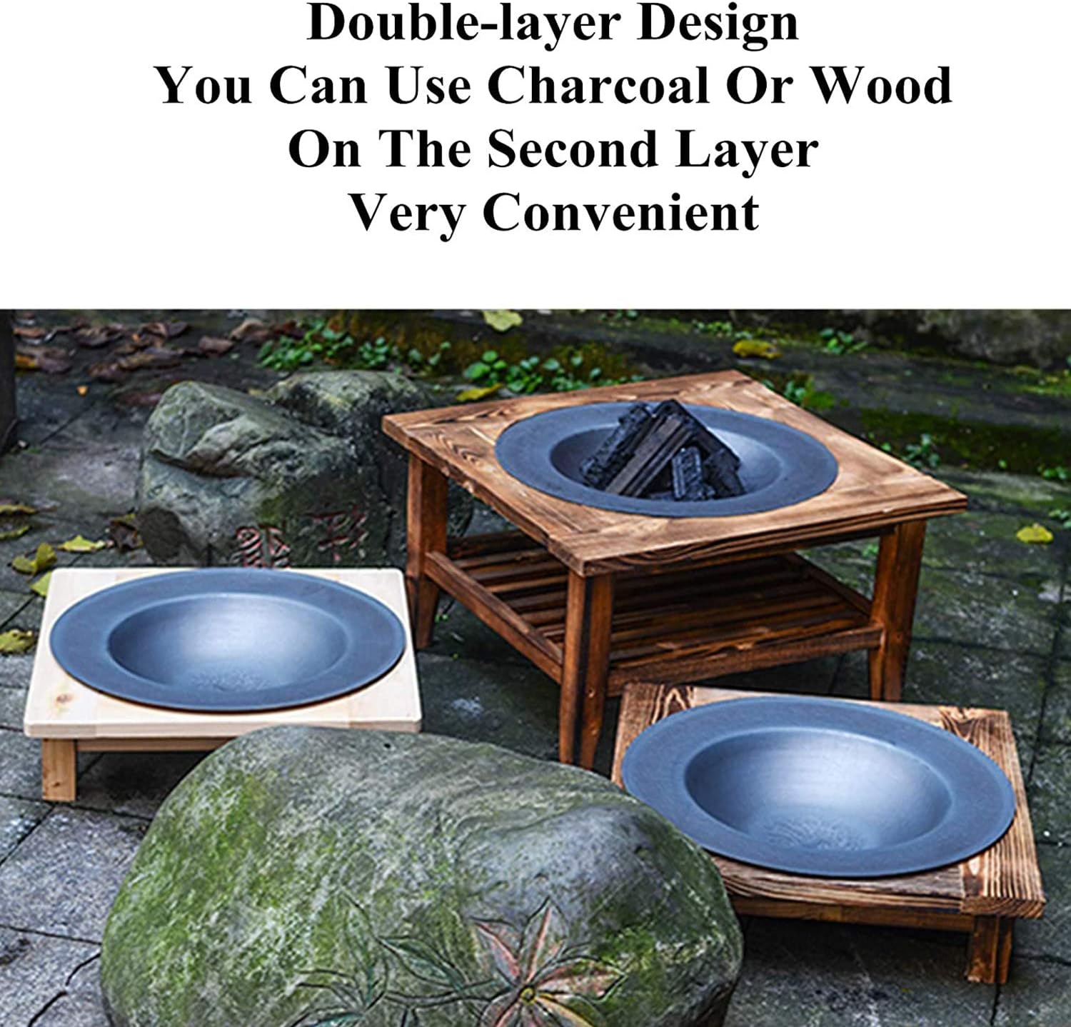 Fire Pit 24 Inch Layer Fire Pit Table, Metal Bonfire Firepit, Built-in Fire Bowl with Wood Table, Garden Fireplace for Camping