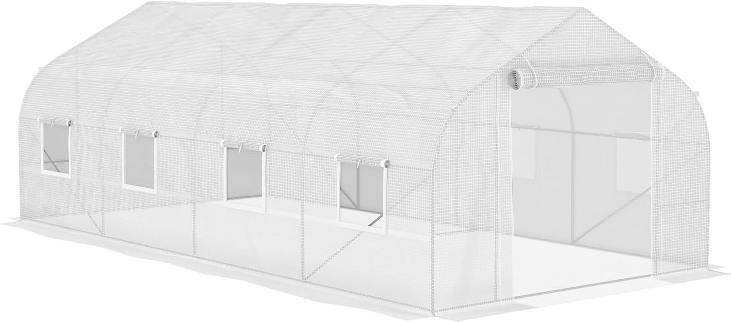 Walk-in Greenhouse, 20' x 10' x 7', Garden Greenhouse with Mesh Doors & Windows, Steel Frame, White