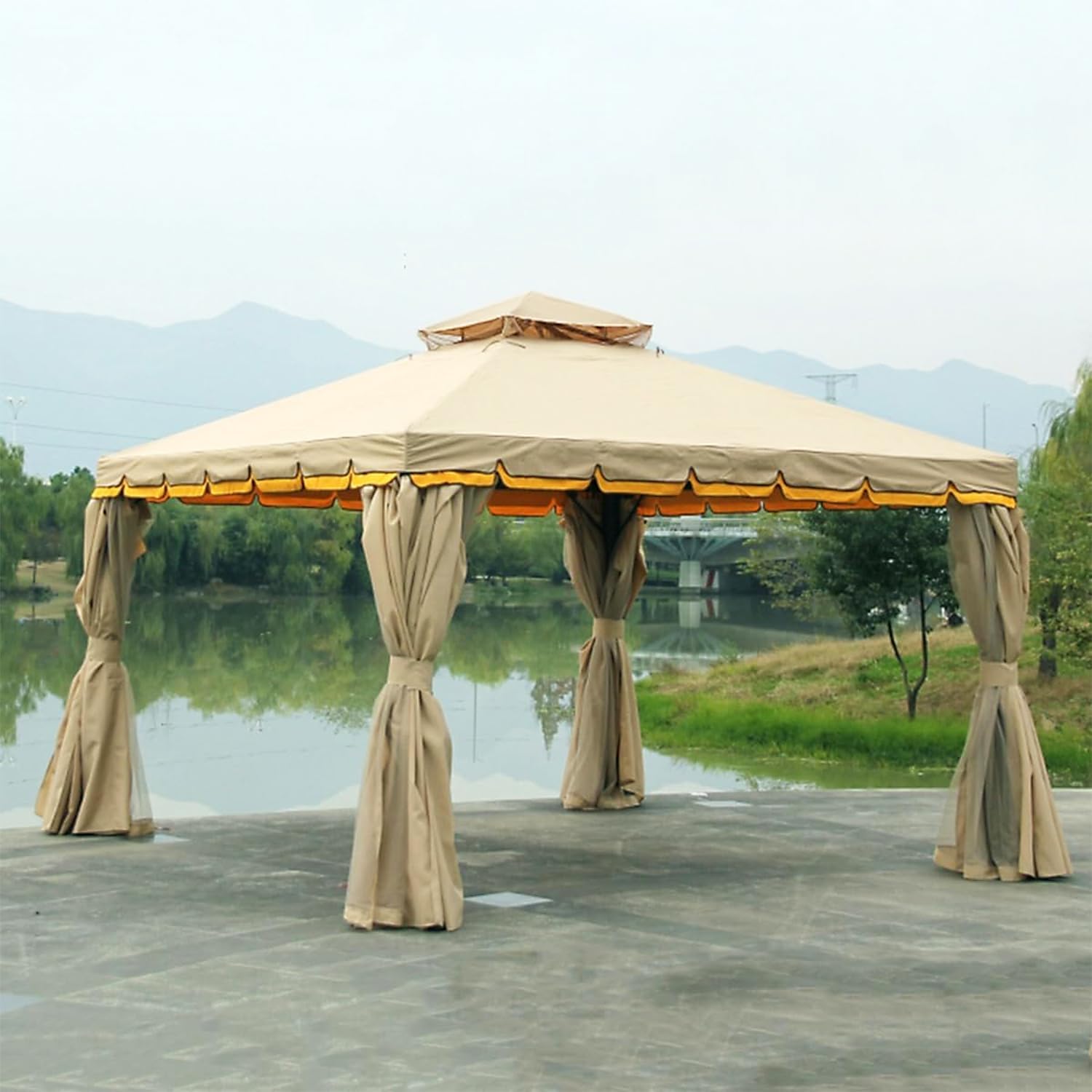 Patio Gazebo, Outdoor Backyard Pavilion with Double Air Roofs & Mosquito Netting, Outside Pergola Canopy Shelter, with Drainage System, for Garden, Lawn, Deck, Backyard,Khaki,10 * 13ft