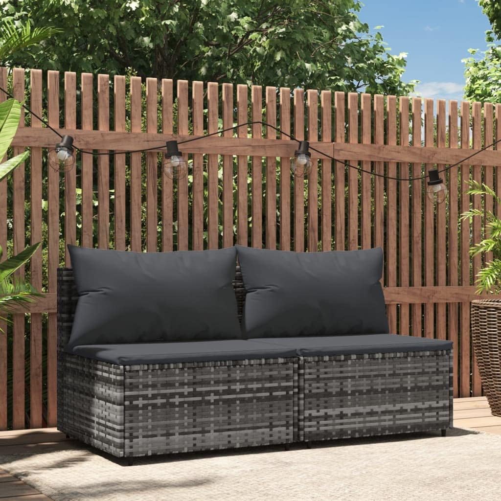 Patio Middle Sofas with Cushions 2 pcs Gray Poly Rattan,Modern Outdoor Patio Sofa Set WeatherResistant Modular Lounge Set Patio Furniture & Accessories, Outdoor Seating