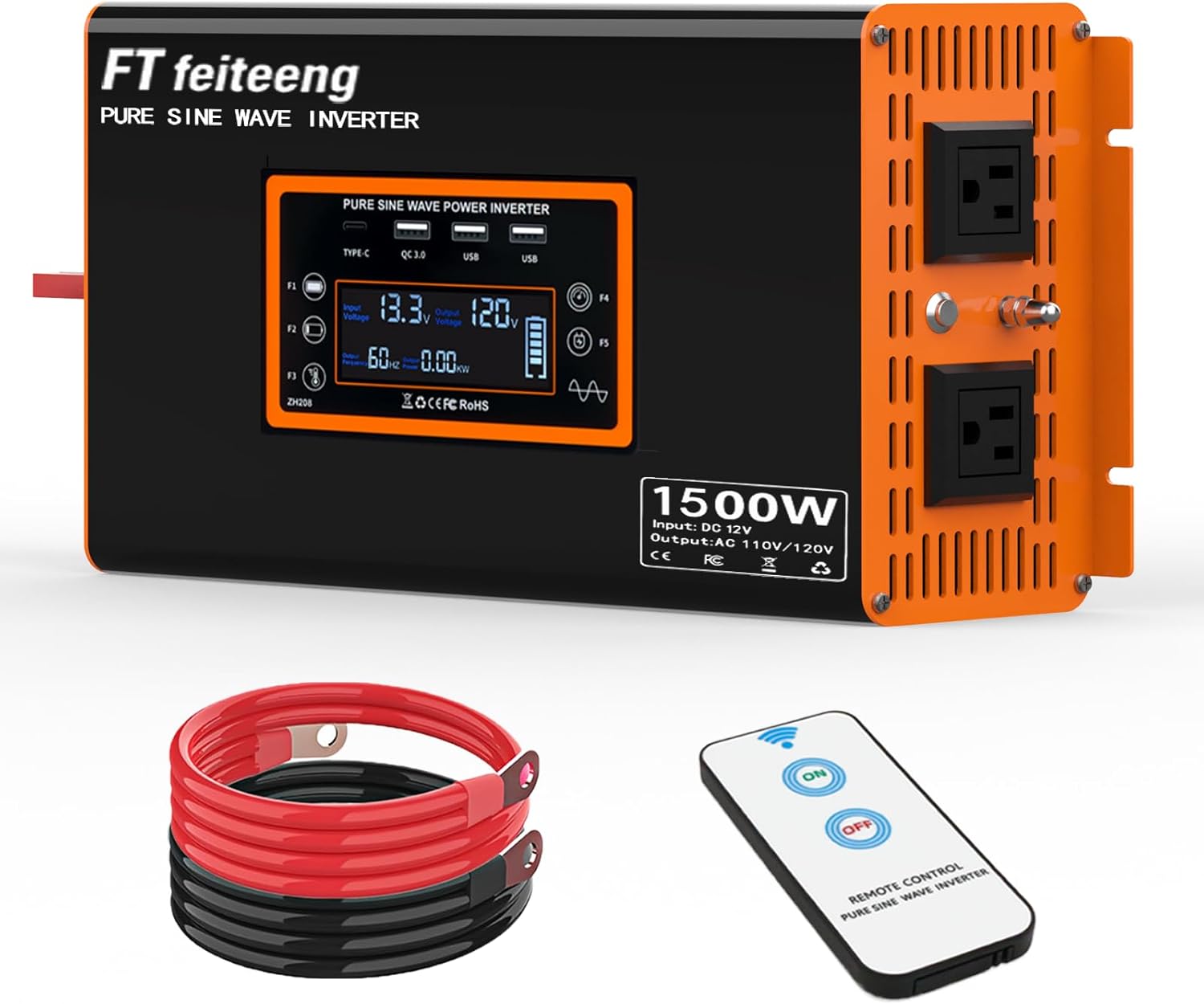 1500W Pure Sine Wave Inverter 12V to 120V AC, Solar Off-Grid & Outdoor Emergency Power, LCD Temp Control & Dual Fast Charger (RV/Truck/Camping)