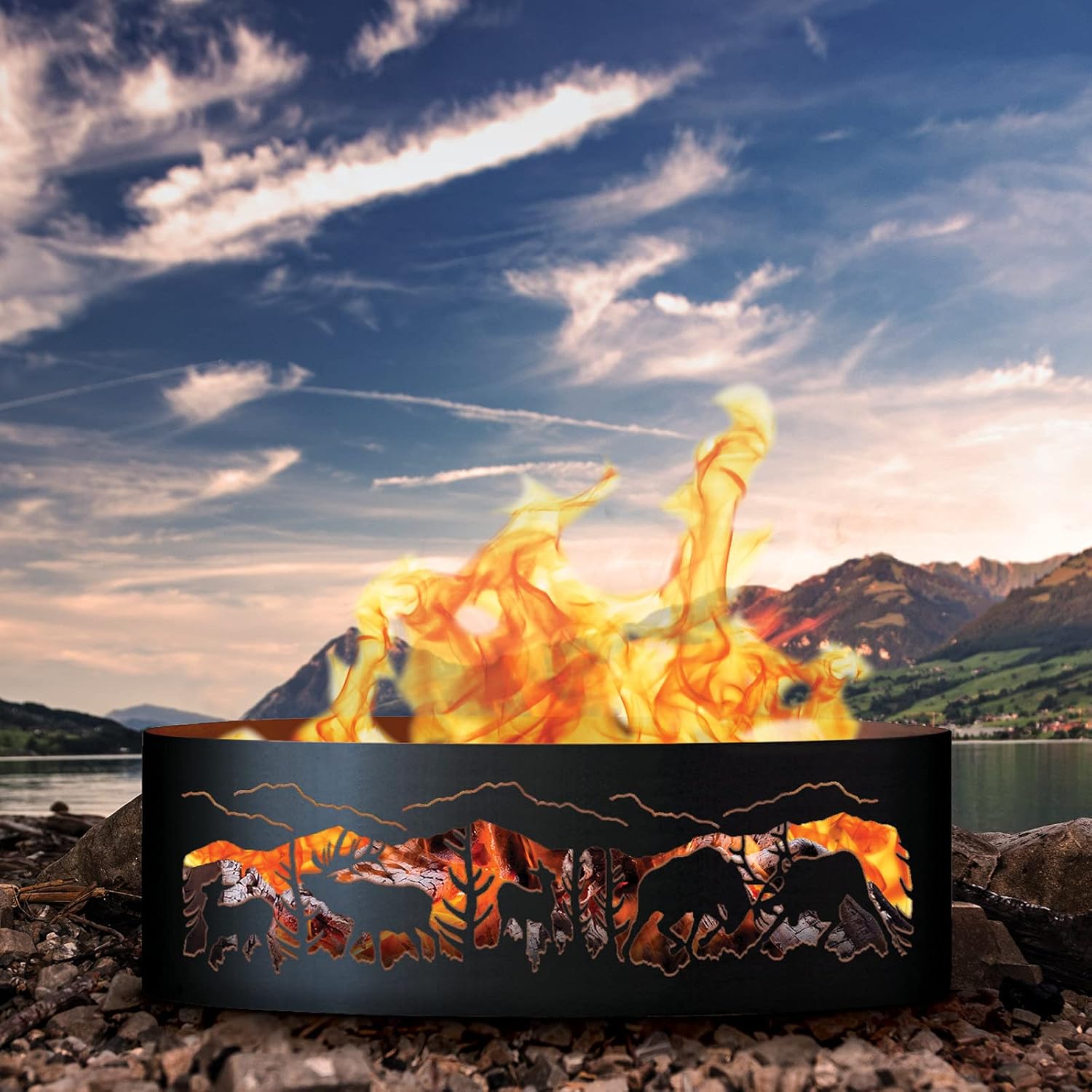 PD Metals FER00630-FP Fighting Elk Unpainted 12 in. Tall 30 in. Diameter Outdoor Fire Ring with Fire Poker - 30 x 30 x 12 in. - Rustic Black Color