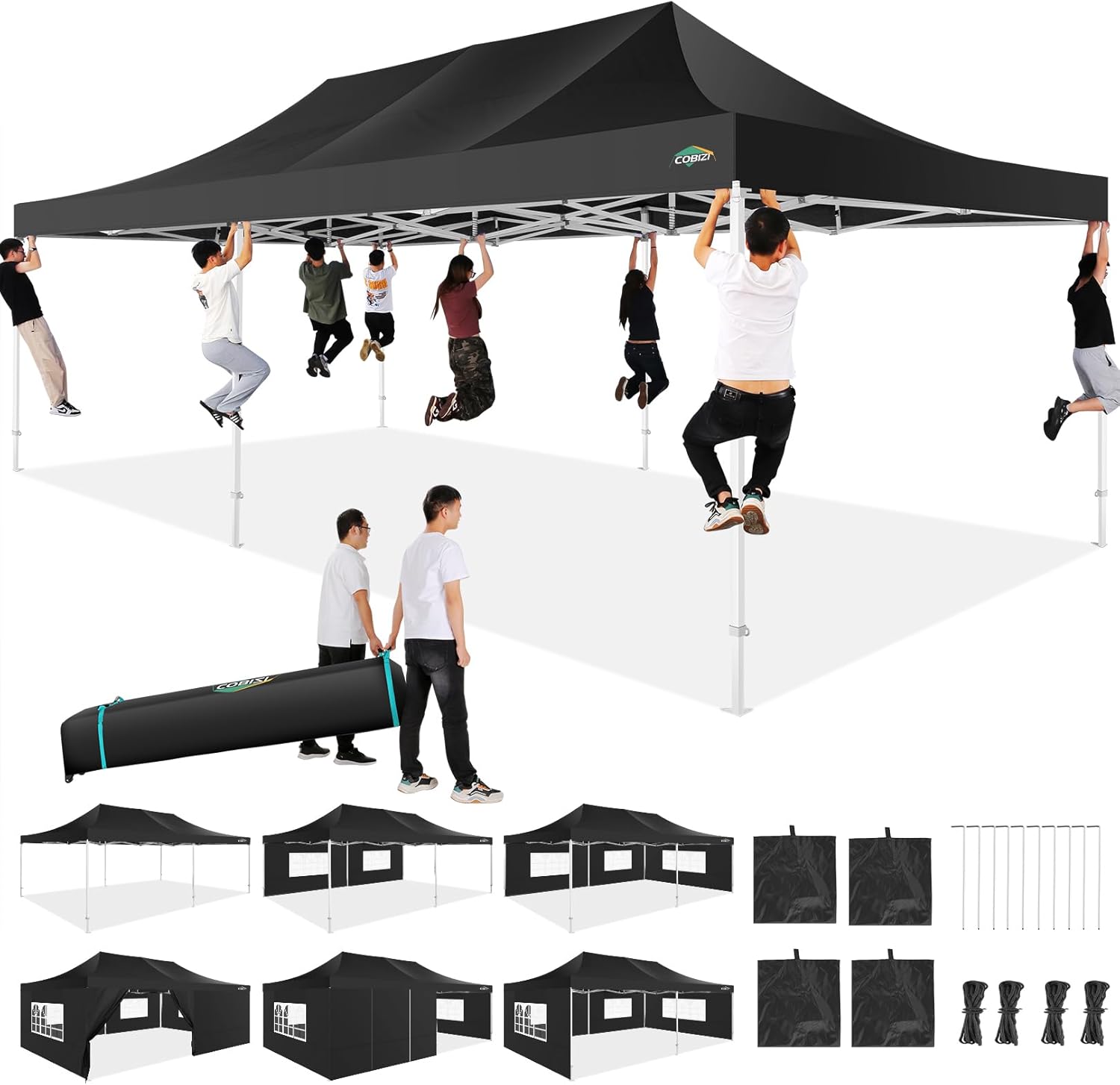 COBIZI 13x26 Heavy Duty Pop Up Canopy with 6 Sidewalls Party Tent Outdoor Wedding Large Event Tent with Roller Bag for Garden Lawn Waterproof UPF 50+ Ez Up, Black (Framework Upgraded)