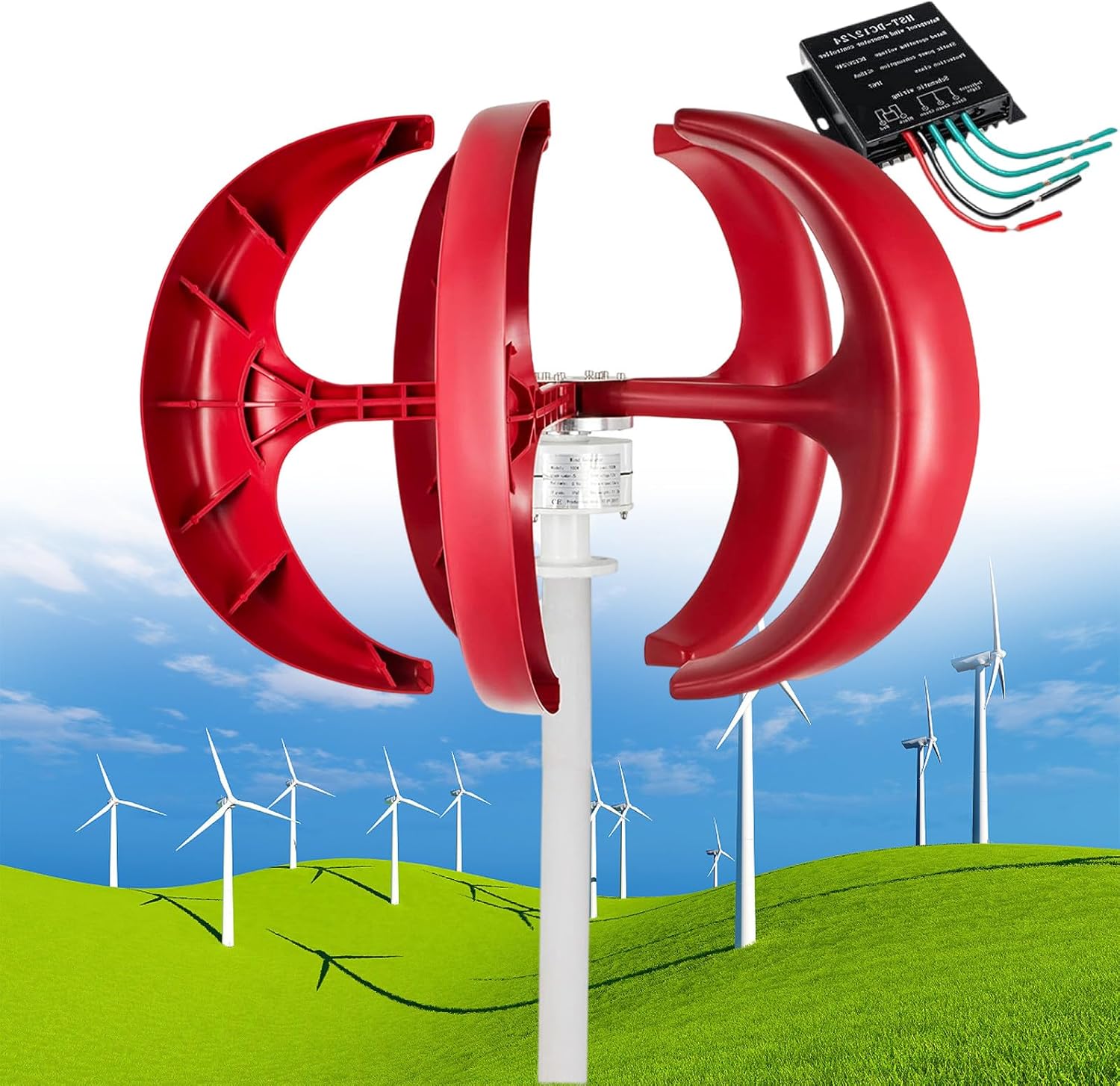 1200W Wind Turbine Generator, 3 Phase AC Permanent Magnet Generator,12V/24V/48V/110V/220V 5 Blades Vertical Wind Turbine Kit Low Wind Speed Starting w/Controller for Home,Boat,Motor Home,Red12V