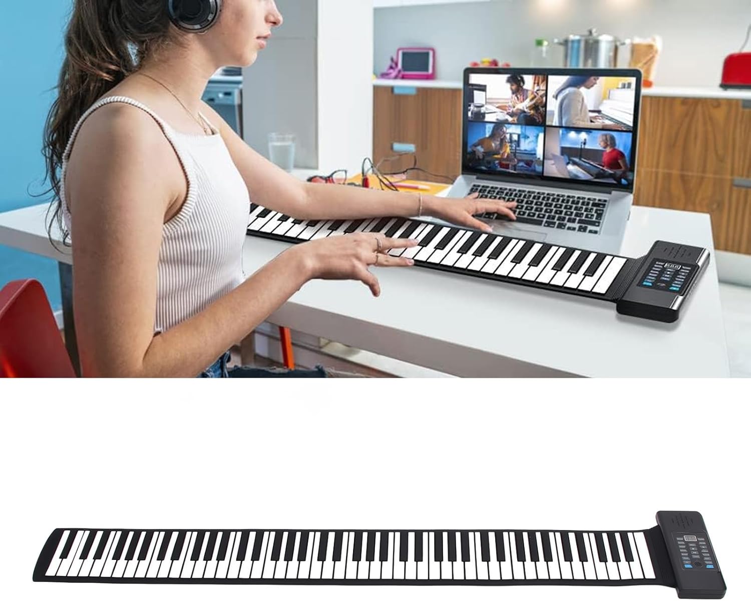88 Keys Hand Roll Piano, Support MIDI Function, 128 Tones Rhythms, LED Display, for Kids Beginners Gift, Built in Speakers, MP3, Mic, Headphones, Foldable, Rechargeable USB