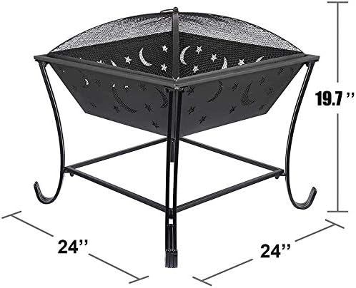 Fire Pits Wood Burning 24 in Outdoor Fire Pit, Bonfire Wood Burning Steel Grill with Square Mesh Spark Screen Cover