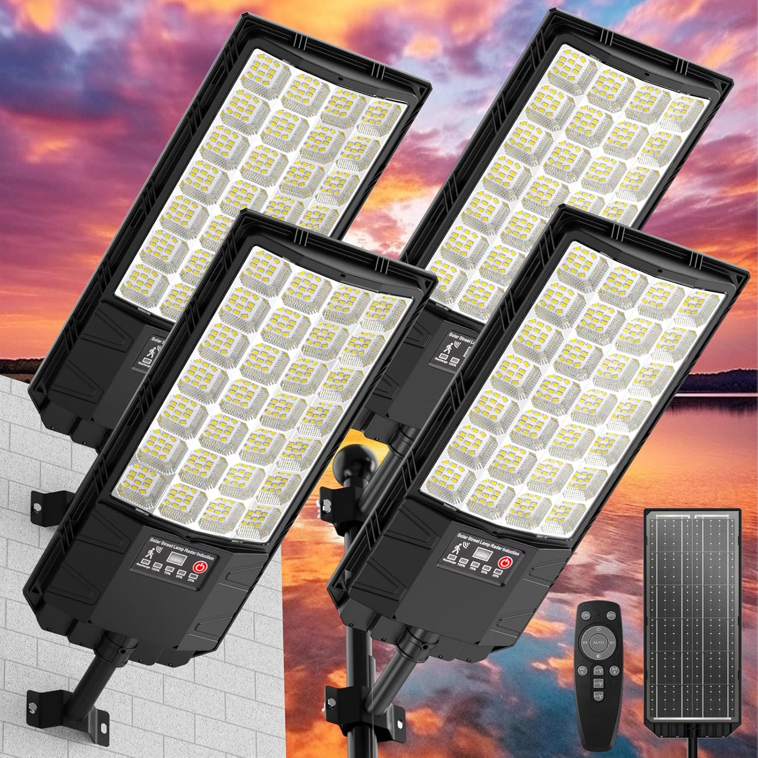 Solar Street Light Outdoor, 6500K Dusk to Dawn Solar Security Flood Lighting Motion Sensor with Remote, IP66 Waterproof Long Lasting LED Spot Lamp Wireless, For Outside, Patio, Porch, Entryway, 4 Pack