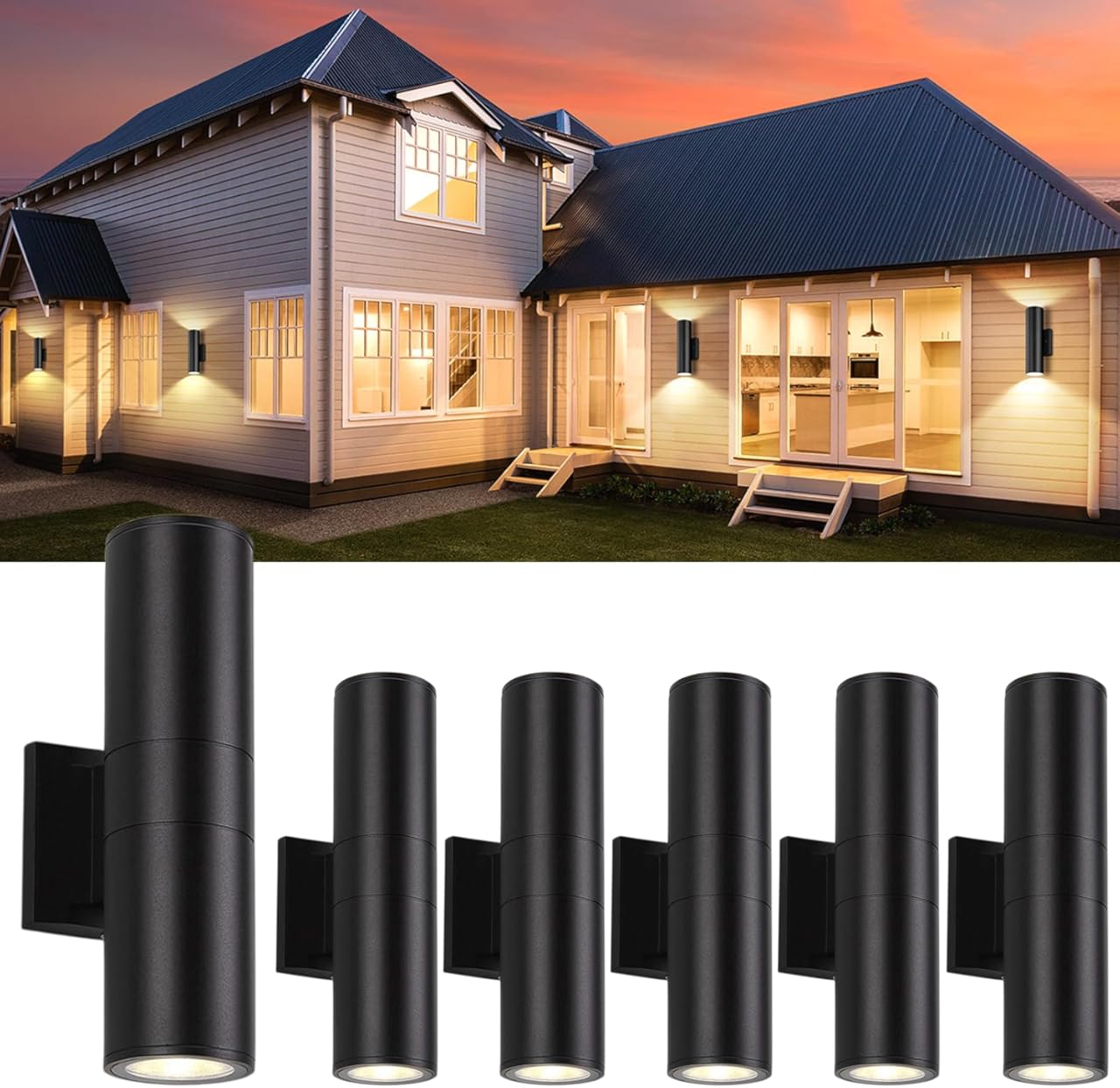 6Pack 14inch Outdoor Wall Light Fixtures, 14W Exterior Waterproof Modern Matte Black Wall Lamps with Cylindrical Aluminum Body,Porch Light for Front Door Patio Garden