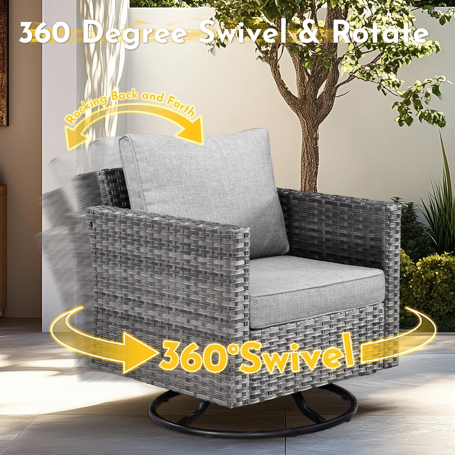 10 Piece Wicker Sectional Patio Furniture with Fire Pit, Outdoor L Shaped Couch with 42'' Firepit Coffee Table Swivel Rocker Chair Conversation Sets for Balcony Backyard Garden, Dark Gray