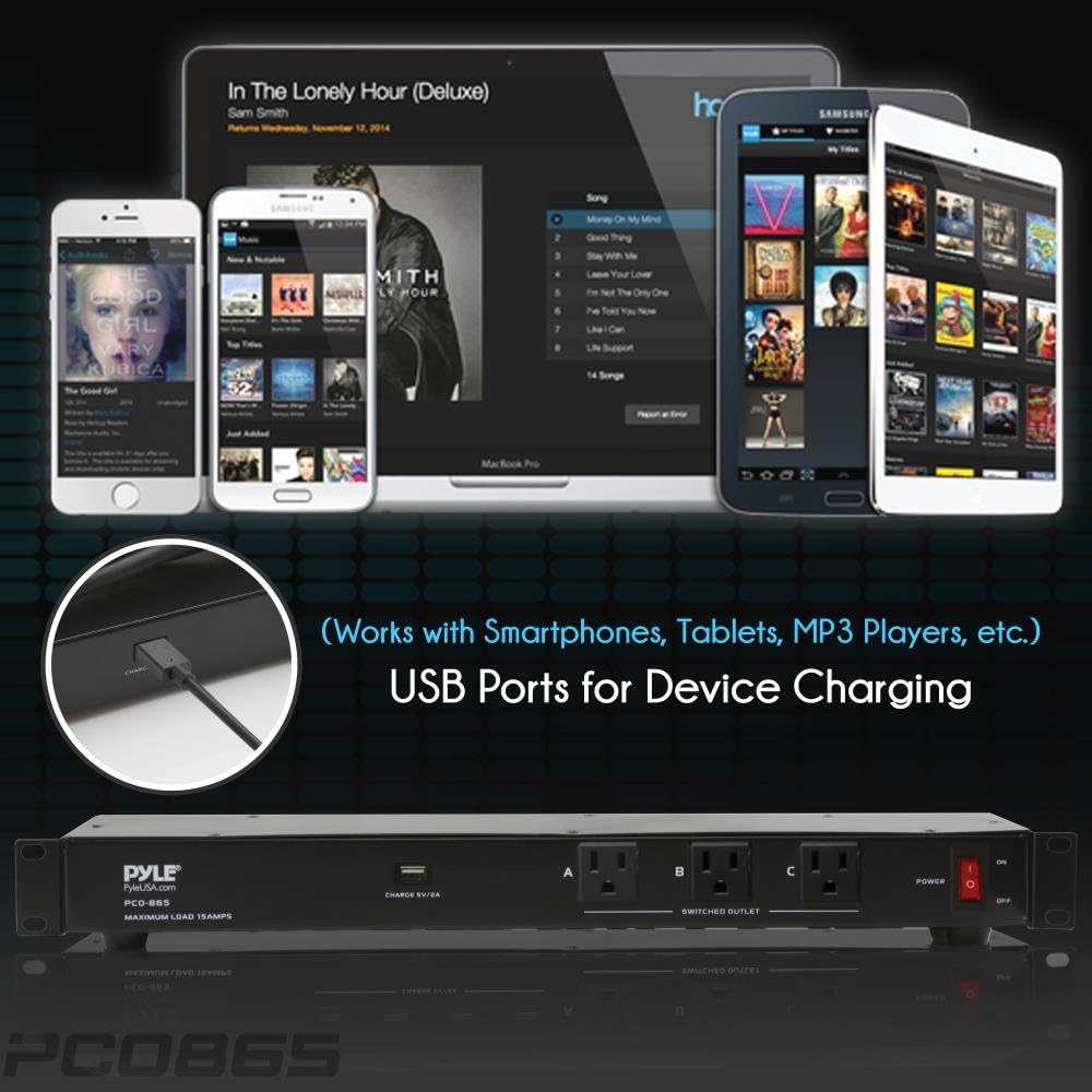 Pyle 19-Outlet 1U Rackmount PDU Power Distribution Unit - 15 Amp Surge Protector - USB Charging Port - Ground Lift - Circuit Breaker - 15FT Cord - 3 Front AC Outlets - 16 Rear Power Cables - PCO860