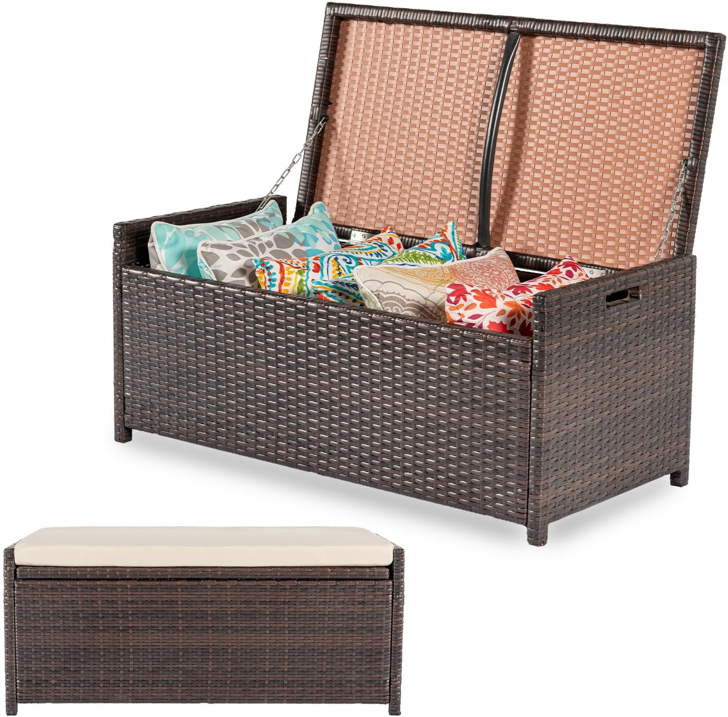 PROHIKER 2-in-1 Wicker Deck Box Bench, All-Weather 55 Gallon Outdoor Storage Box with Cushions and Waterproof Bag, Rattan Storage Bench for Pool Tools, Outdoor Equipments and Garden Tools, Brown/Beige