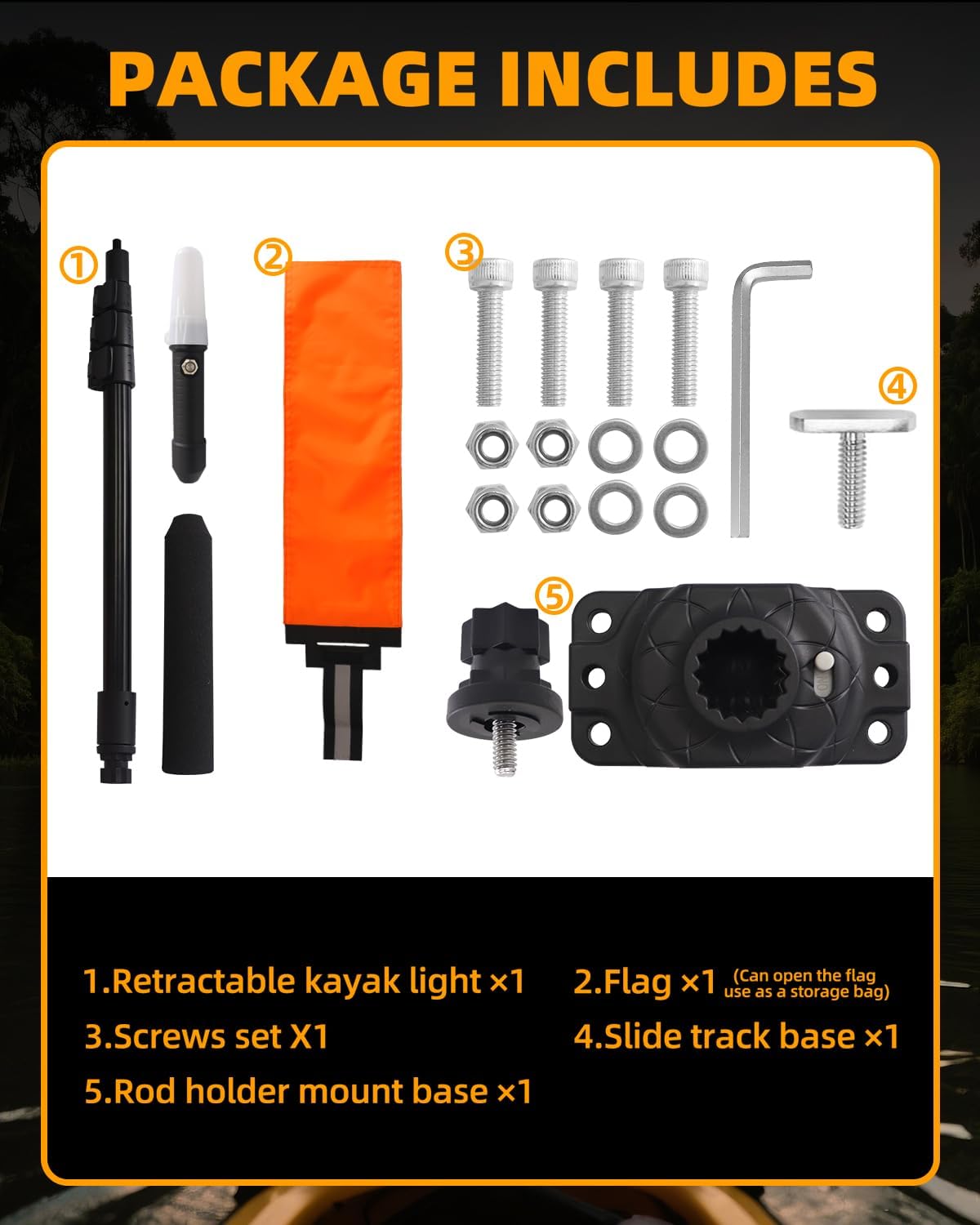 Tavaray Kayak Lights With Orange Flag Pole Kit, 360° Led White Boat Lights, 55.5