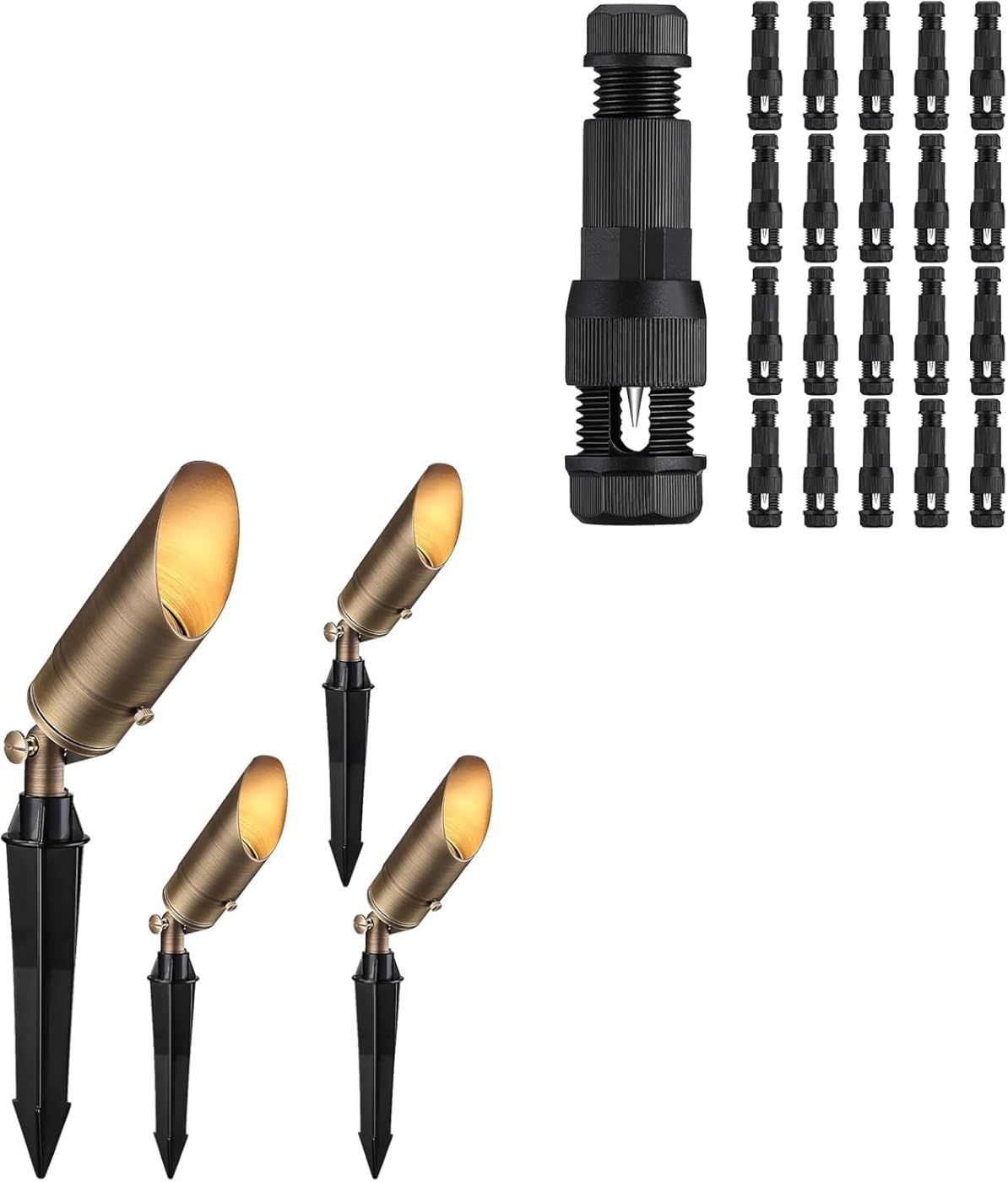 LEONLITE Landscape Spotlights Bundle Wire Connectors, 4-Pack Adjustable Solid Cast Brass Landscape Spotlights, Work with MR16 Bulb, IP65 & 20-Pack Fastlock Wire Connectors for Landscape Lighting