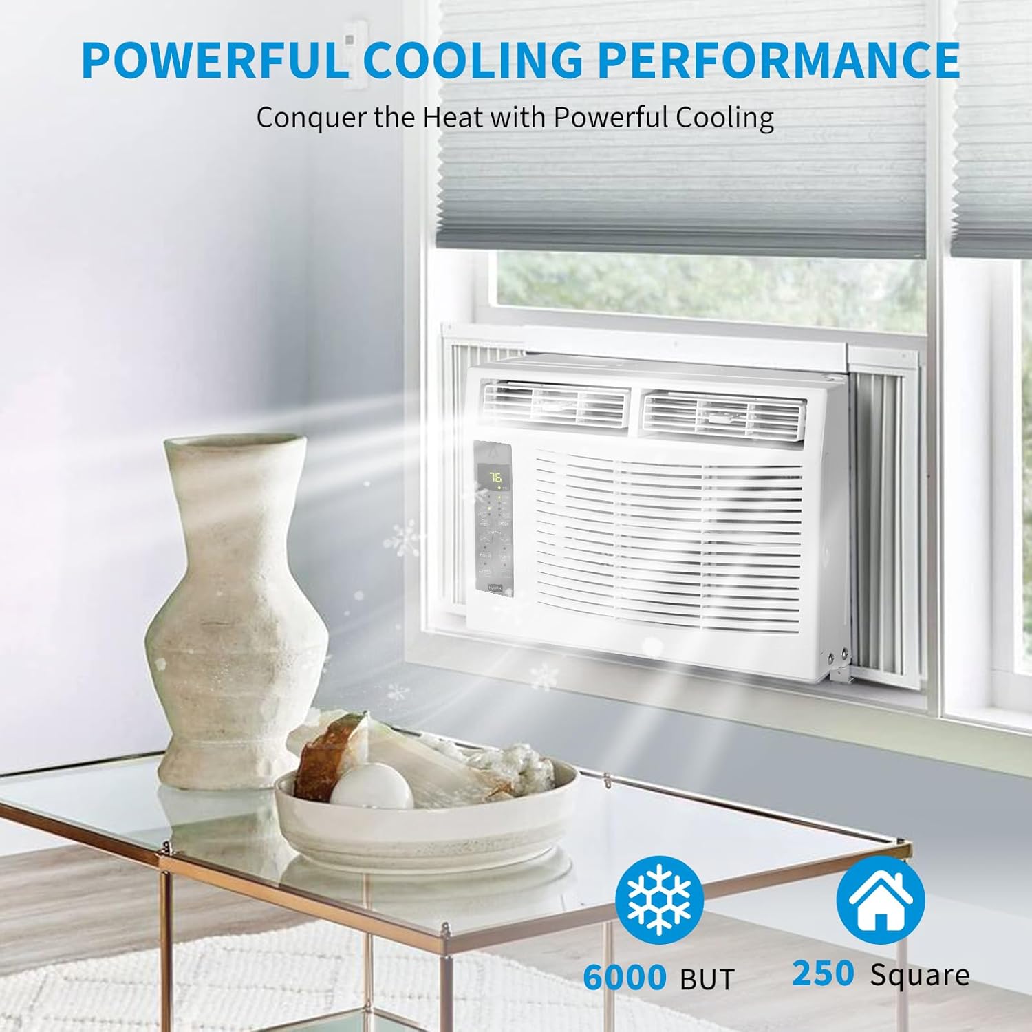 Window Air Conditioner 6000Btu - Cools Areas Up to 250 Sq. Ft., Featuring Dehumidifier, Fan, ECO Mode, Auto-Restart & 3 Speeds