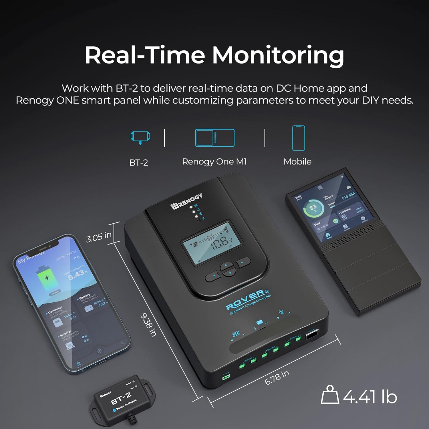 Renogy Solar Charge Controller (Bluetooth) - Rover 40A 12V24V Auto Parameter DC Input MPPT Charge Controllers for Solar Panels Adjustable LCD for Gel Sealed Flooded Lithium Battery