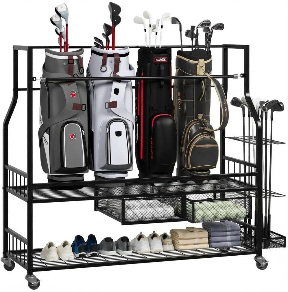 Golf Bag Storage Garage Organizer,Mobile 5-Bag Stand Fit for Golf Bag and Equipment Accessories,Golf Bag Storage Rack with Wheels for Garage