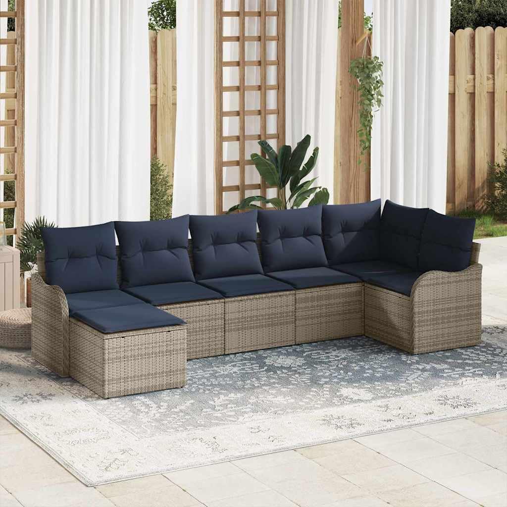 7-Piece Grey Poly Rattan Garden Sofa Set, Modular Outdoor Patio Furniture for Dining, UV-Resistant Seating with Washable Cushions