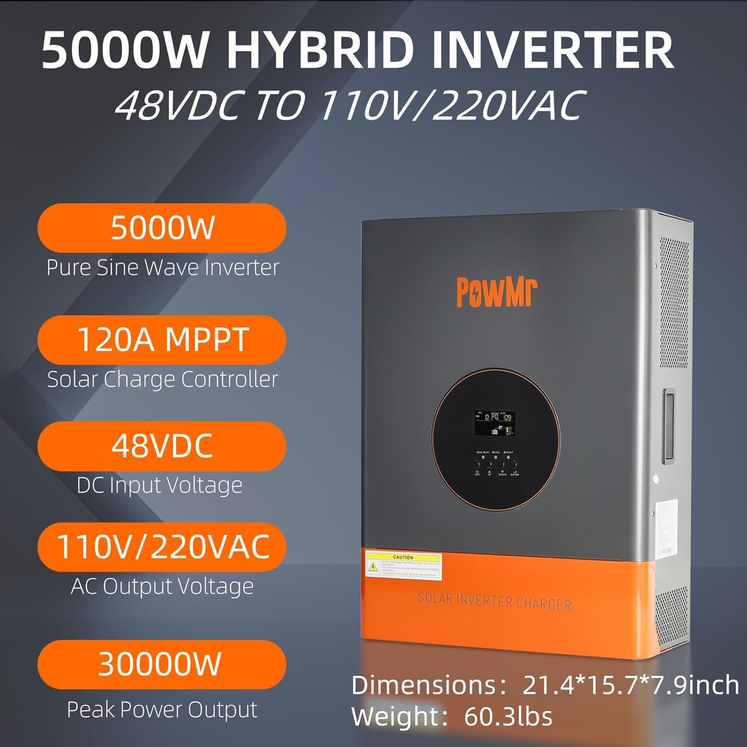 PowMr 5000W Hybrid Solar Inverter 48VDC to 110/220VAC, 5kW Off-Grid w/Built-in 120A MPPT Charge Controller, Pure Sine Wave Inverter for 48V Lead-Acid and Lithium Battery, Peak Power:15000W