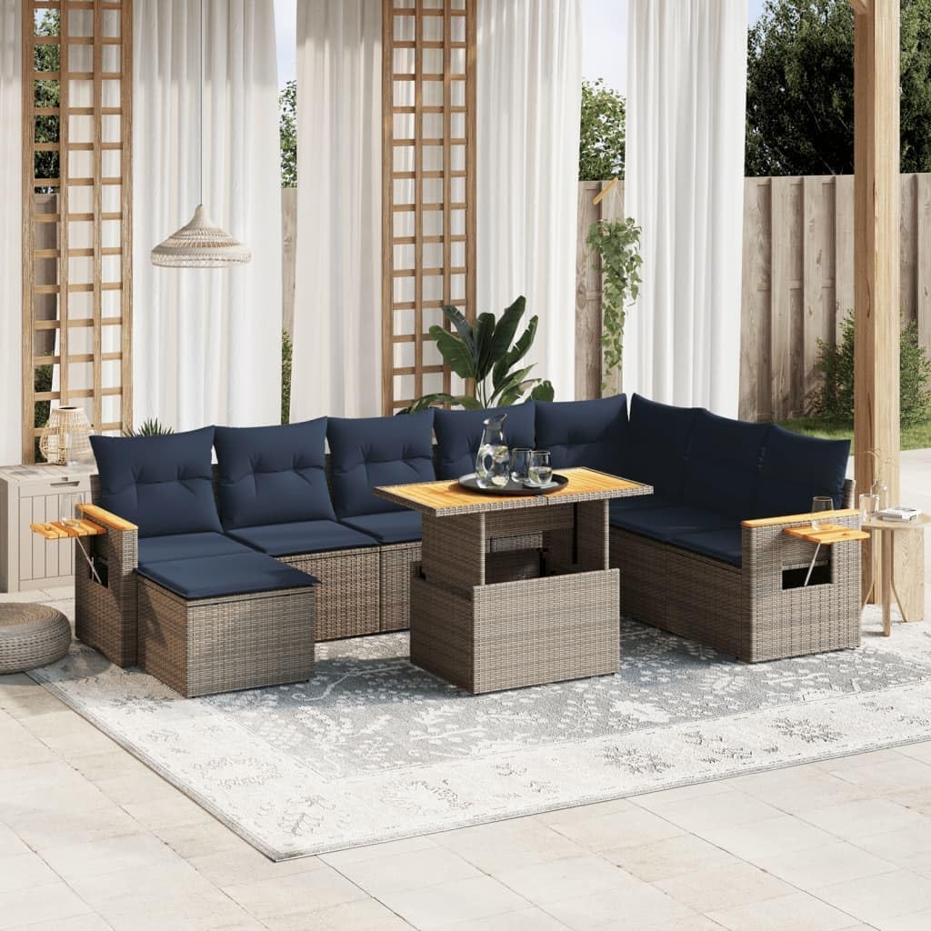 9 Piece Patio Sofa Set, Gray Poly Rattan Outdoor Furniture with Cushions, Adjustable Dining Table, Modular Design for Garden, Backyard, Terrace